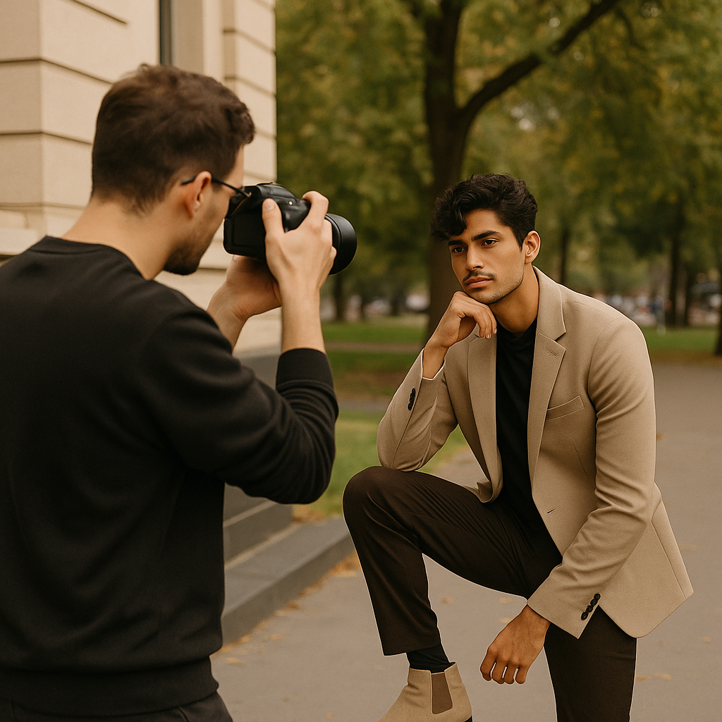 A man poses stylishly outdoors while another man captures the moment with a professional camera, representing an aesthetic photoshoot session.