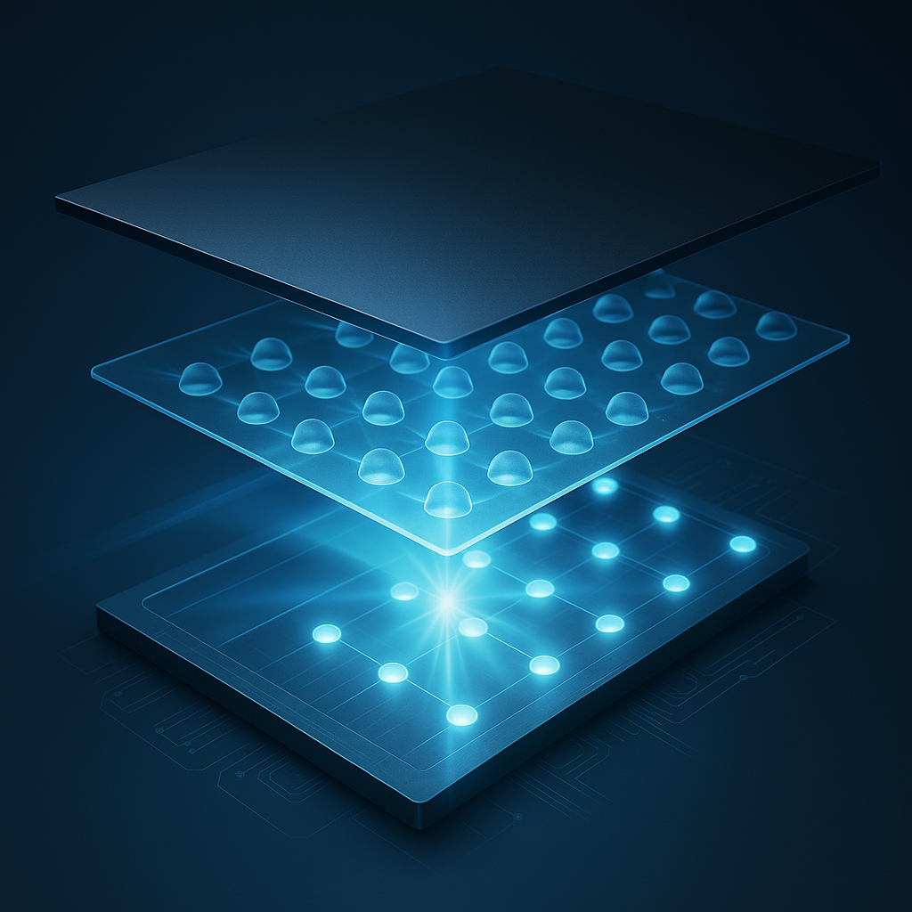 A 3D-rendered exploded view of a display panel illustrating how back light unit lens technology uses glowing blue microlenses to evenly refract light from LEDs beneath.
