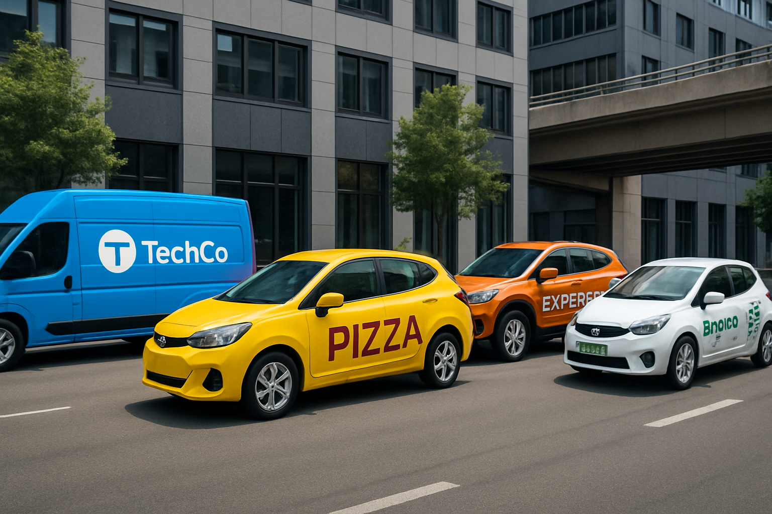 A high-resolution image showing four branded cars parked side by side in a wide urban setting, each featuring unique vehicle wraps with bold logos, vibrant colors, and modern graphics, illustrating diverse examples of Branding on Cars for marketing purposes.