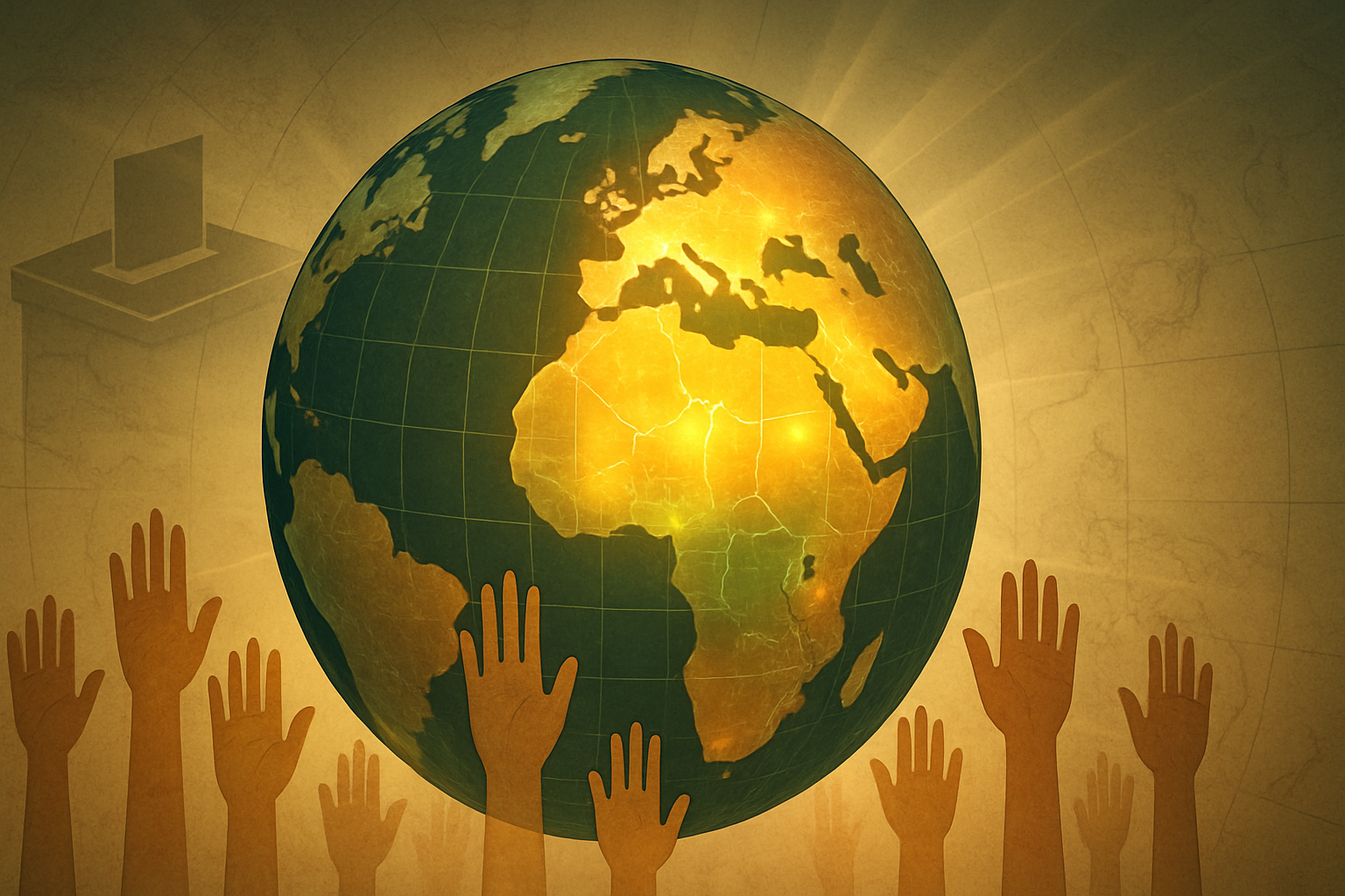 Globe highlighting direct democracy countries in golden light, surrounded by raised hands symbolizing public participation, with a faint ballot box in the background — focus keyword: Direct Democracy Countries.