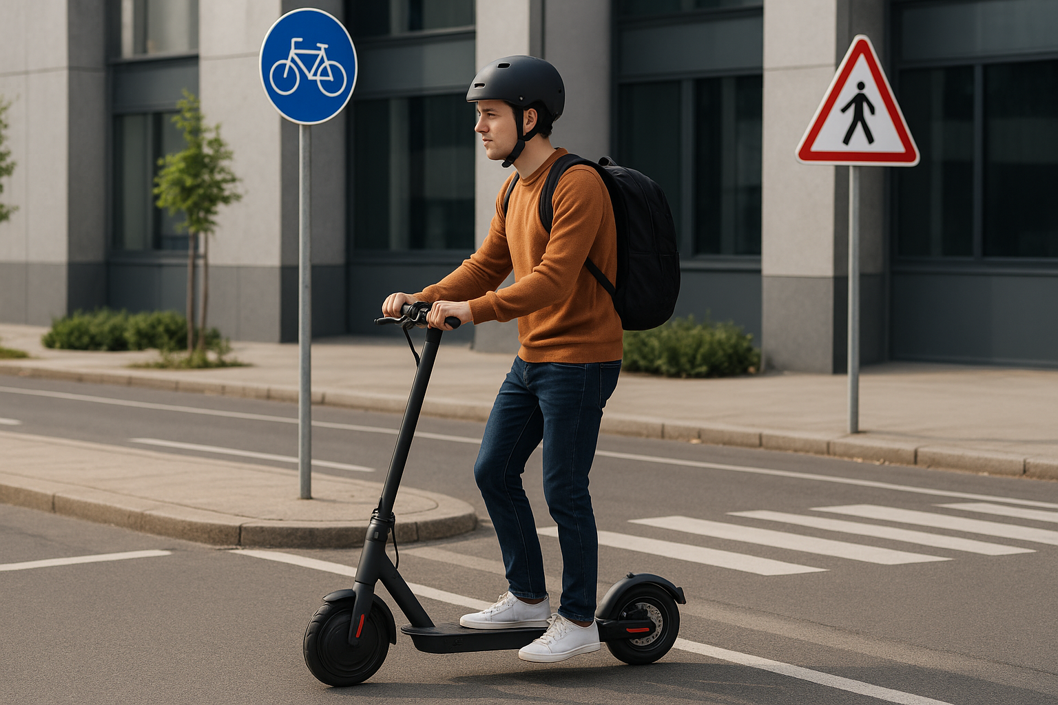 A young man rides an electric scooter on a city street, wearing a helmet for safety, with modern urban buildings in the background.
