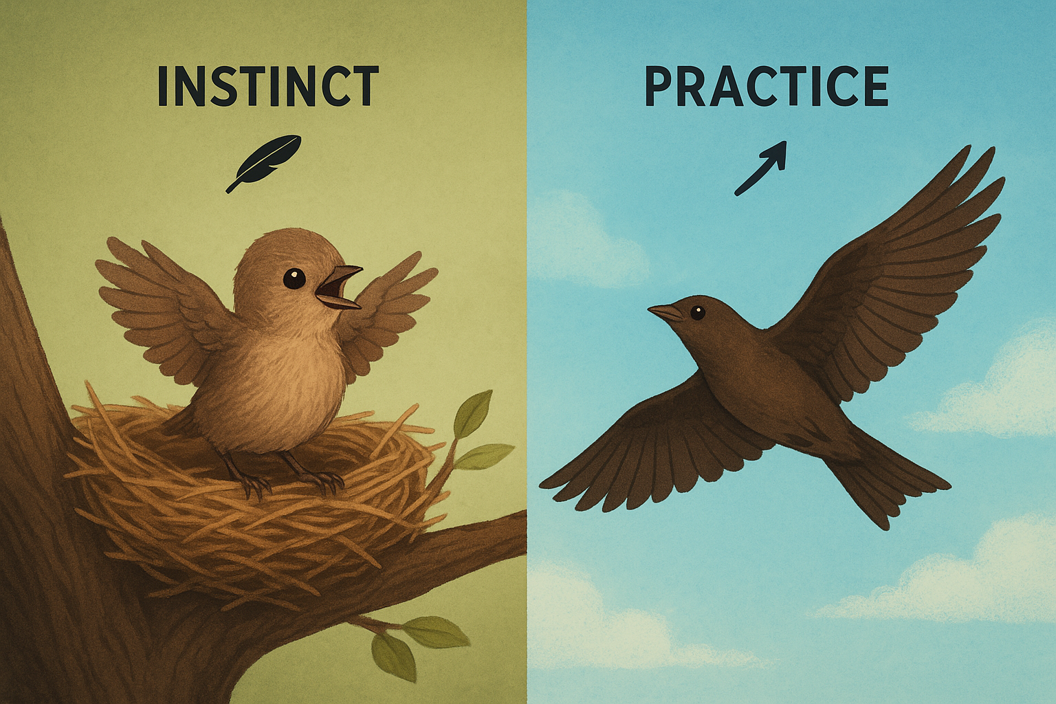 Illustration showing instinct vs. practice in bird flight — a baby bird flapping in a nest on the left and an adult bird soaring in the sky on the right, symbolizing the question “Does Learning to Fly Come Naturally to Birds.”