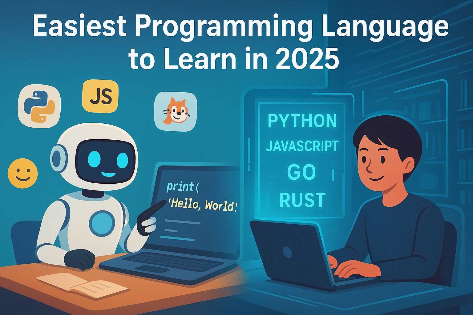 Illustration of a robot teaching coding basics to a beginner with Python, JavaScript, and Scratch icons, alongside a futuristic hologram of programming languages, visually representing the topic “Easiest Programming Language to Learn.”