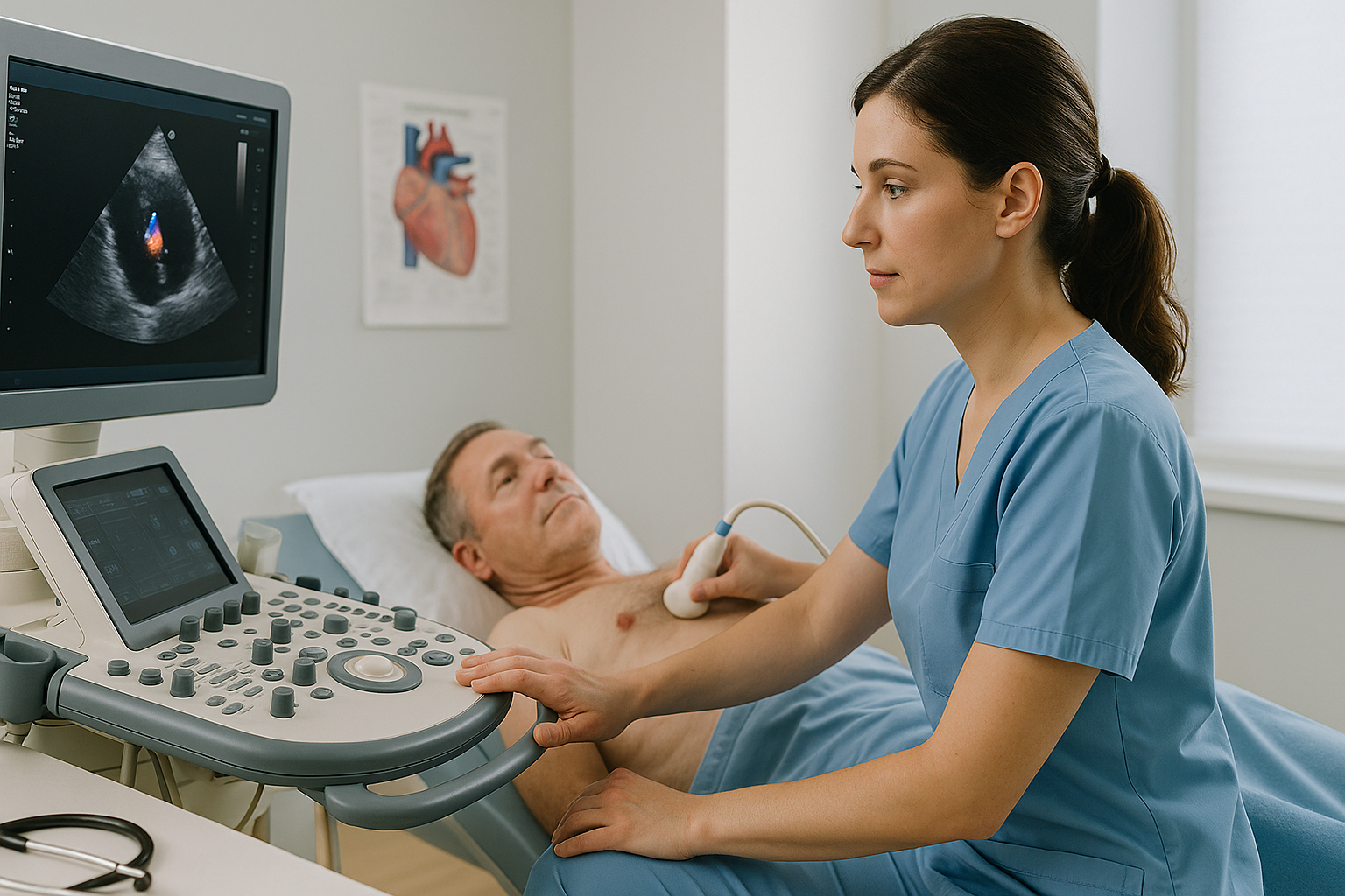 A female Echo Tech in blue scrubs performs an echocardiogram on a male patient, operating an ultrasound machine displaying a heart scan in a clinical setting.