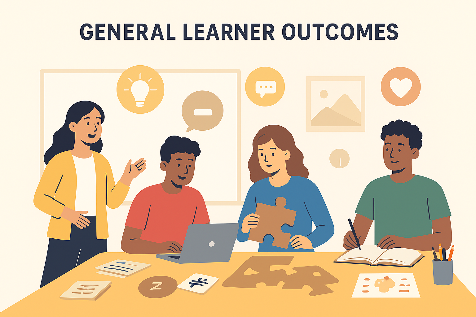 A digital illustration showing students engaged in collaborative learning activities, representing the concept of General Learner Outcomes with creativity, problem-solving, and teamwork.