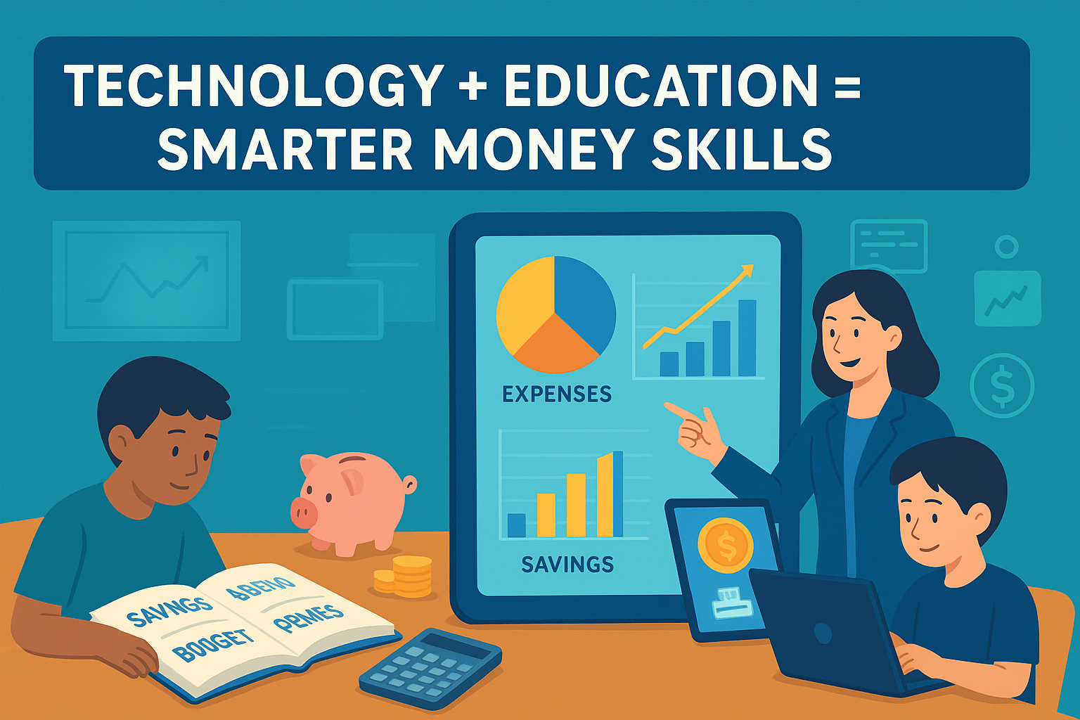 Illustration of students using laptops and tablets with digital graphs and charts, guided by a teacher, visually representing the question “How Does Technology Help Students Learn Financial Literacy.”