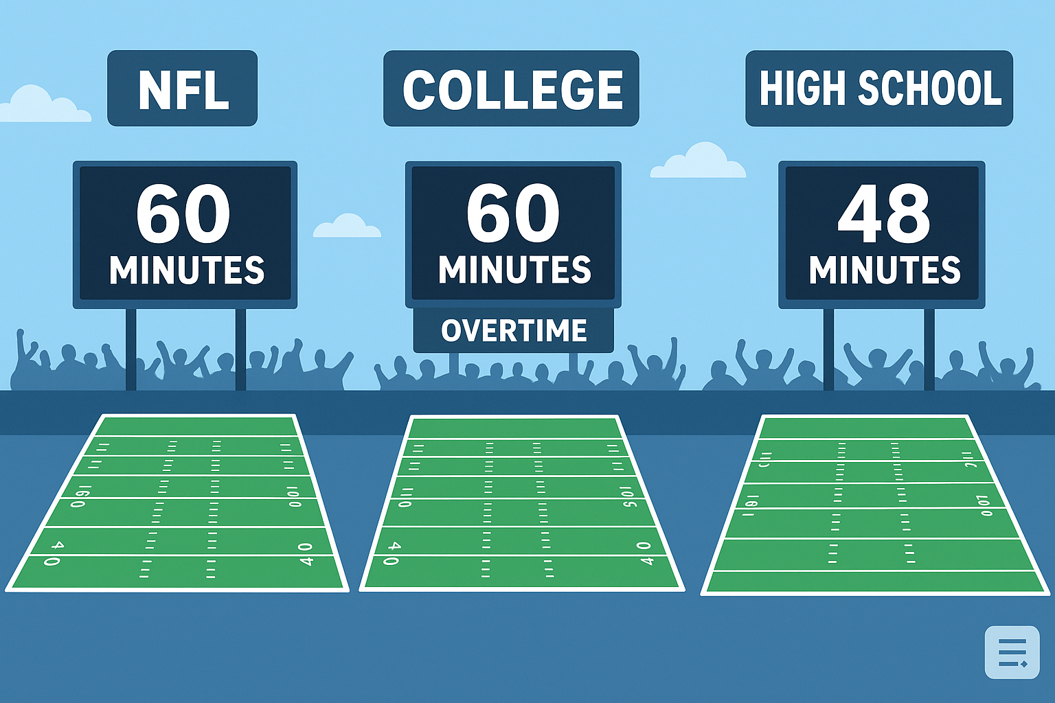 Illustration showing a football stadium with players and a clock to explain how long are football games, comparing NFL, college, and high school durations.