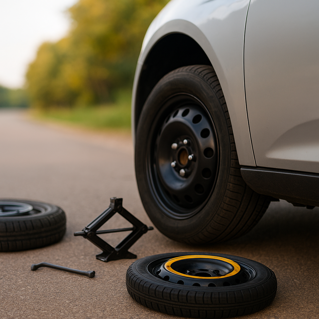 How long can you drive on a spare tire — a close-up, low-angle photograph of a silver car parked on the roadside with a spare tire installed on the front wheel, tools and a removed wheel lying nearby, and a tree-lined road in the background.