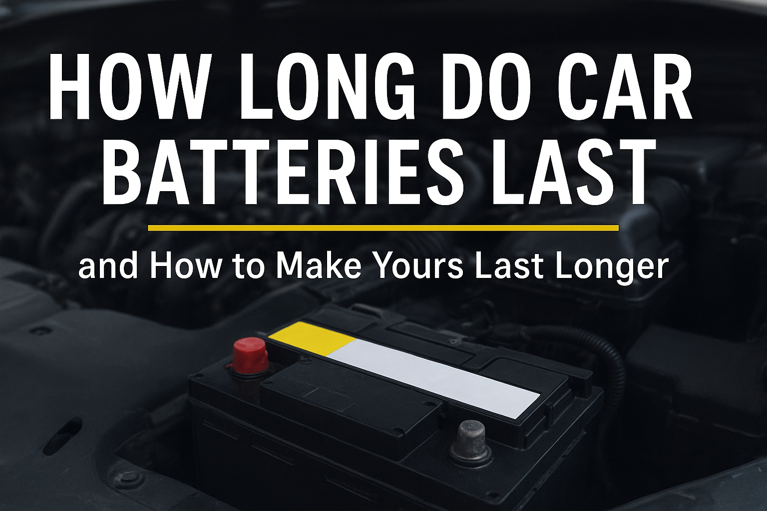How Long Do Car Batteries Last — and How to Make Yours Last Longer — A close-up digital photograph of a car battery under the hood with jumper cables attached, symbolizing maintenance and longevity tips.