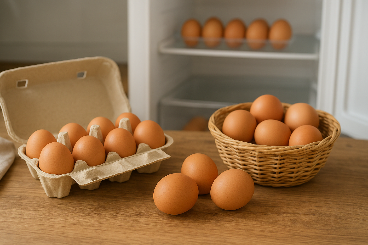 A rustic kitchen scene with farm fresh eggs stored in a wicker basket and carton, illustrating storage methods and freshness — highlighting the question of How Long Do Farm Fresh Eggs Last.