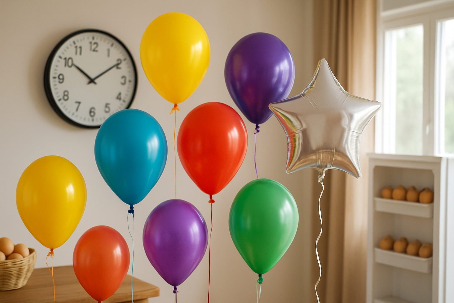 Colorful helium balloons floating outdoors with a clear sky background, visually representing the question How Long Do Helium Balloons Last and their float time.