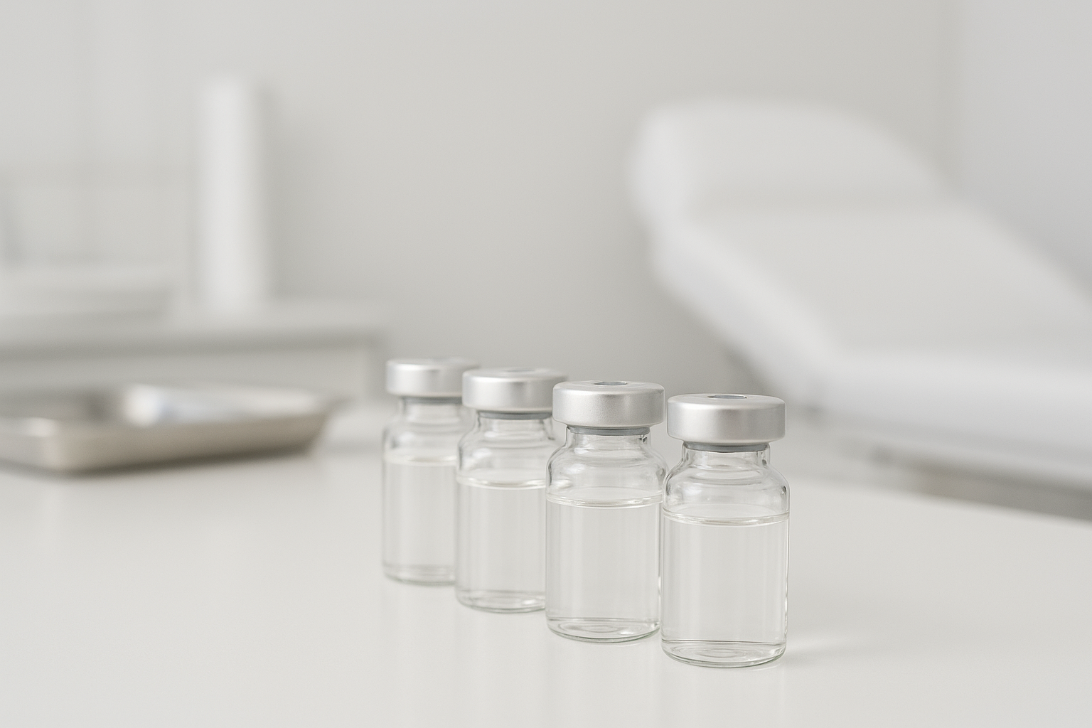 Digital photograph showing four transparent lip gloss containers arranged neatly on a clean white background, representing lip filler products and illustrating the concept of how long lip fillers last without showing syringes, women, or faces.