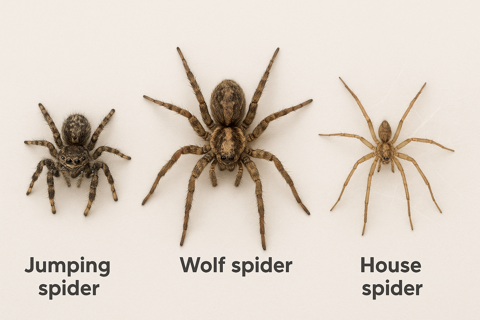 Close-up image showing three spider species on a beige background — jumping spider, wolf spider, and house spider — each labeled with its name, illustrating how long different spiders live.