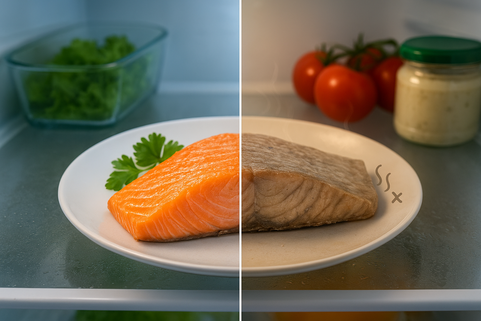Fresh vs spoiled salmon on a plate inside a refrigerator, showing How Long Does Cooked Salmon Last in the Fridge and signs of spoilage.