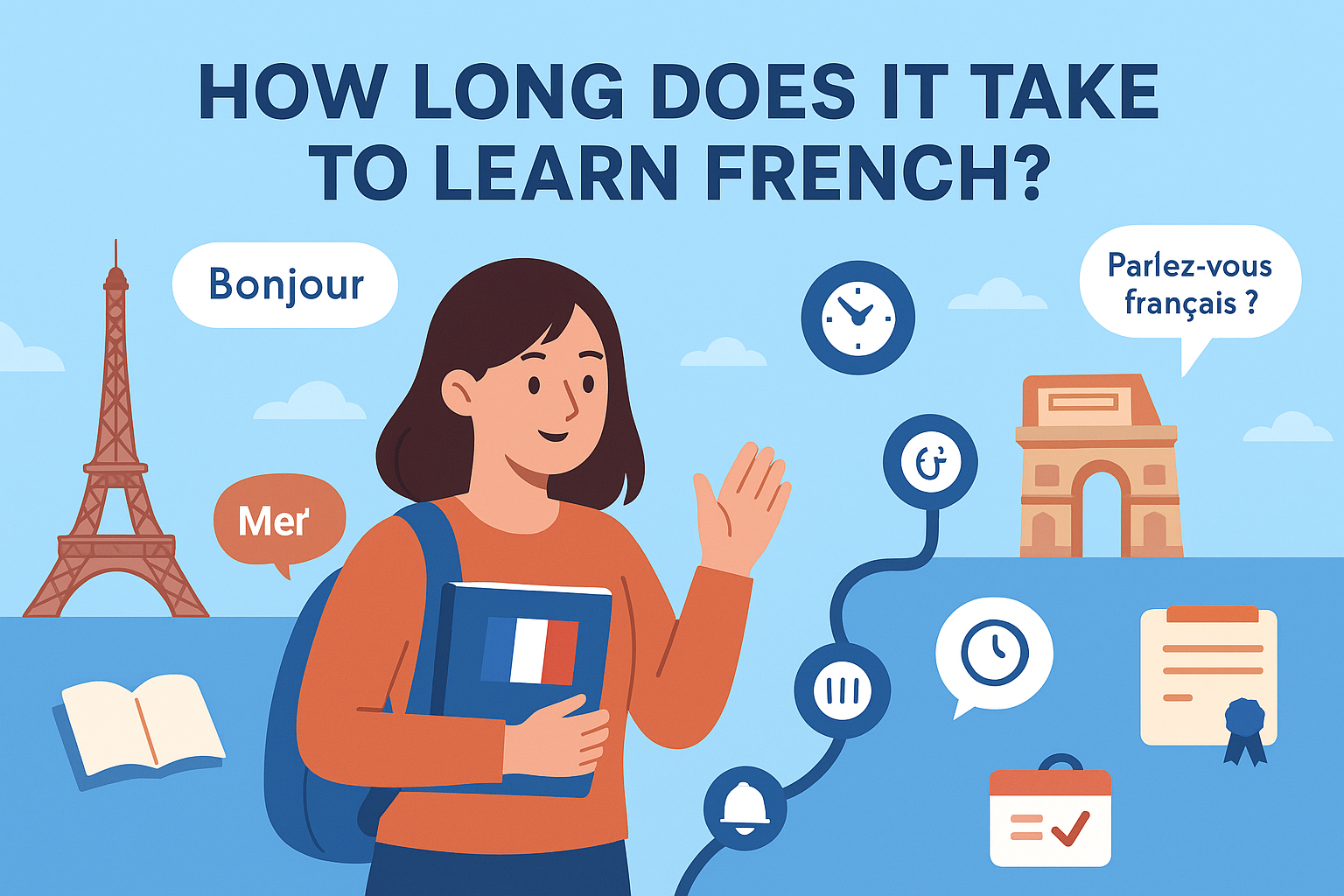 An infographic-style illustration showing a student studying French with books, flashcards, and digital tools, representing the stages of language progress, visually answering the question: how long does it take to learn French.
