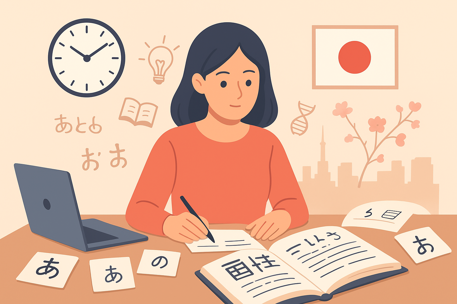 A digital illustration showing a young student studying Japanese with textbooks, flashcards, and cultural symbols like cherry blossoms and Mount Fuji, representing the journey of language learning. The scene visually explores the question: *How Long Does It Take to Learn Japanese?