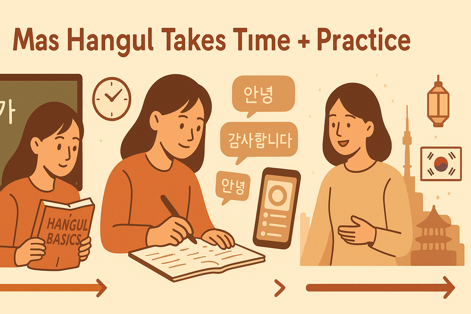 Infographic showing stages of learning Hangul, from studying basics to practicing writing and speaking, with cultural icons like the Korean flag and Seoul skyline, illustrating the question “How Long Does It Take to Learn Korean.”