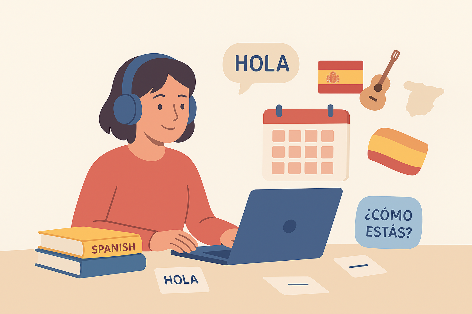 Illustration of a student studying Spanish with books, notes, and a laptop, representing the question “How Long Does It Take to Learn Spanish” and the journey to fluency.