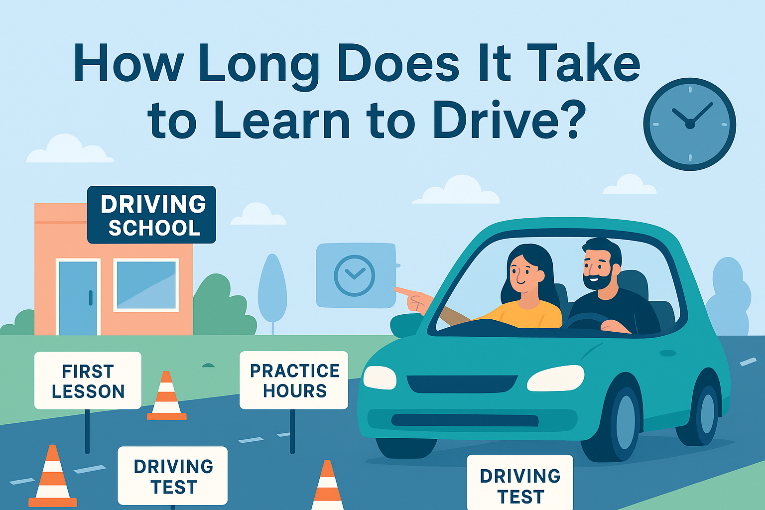 A flat-style digital illustration showing a beginner driver practicing in a car with an instructor, symbolizing the learning journey, with road signs and progress markers to represent the timeline of gaining skills. Focus keyword used naturally: How Long Does It Take to Learn to Drive.