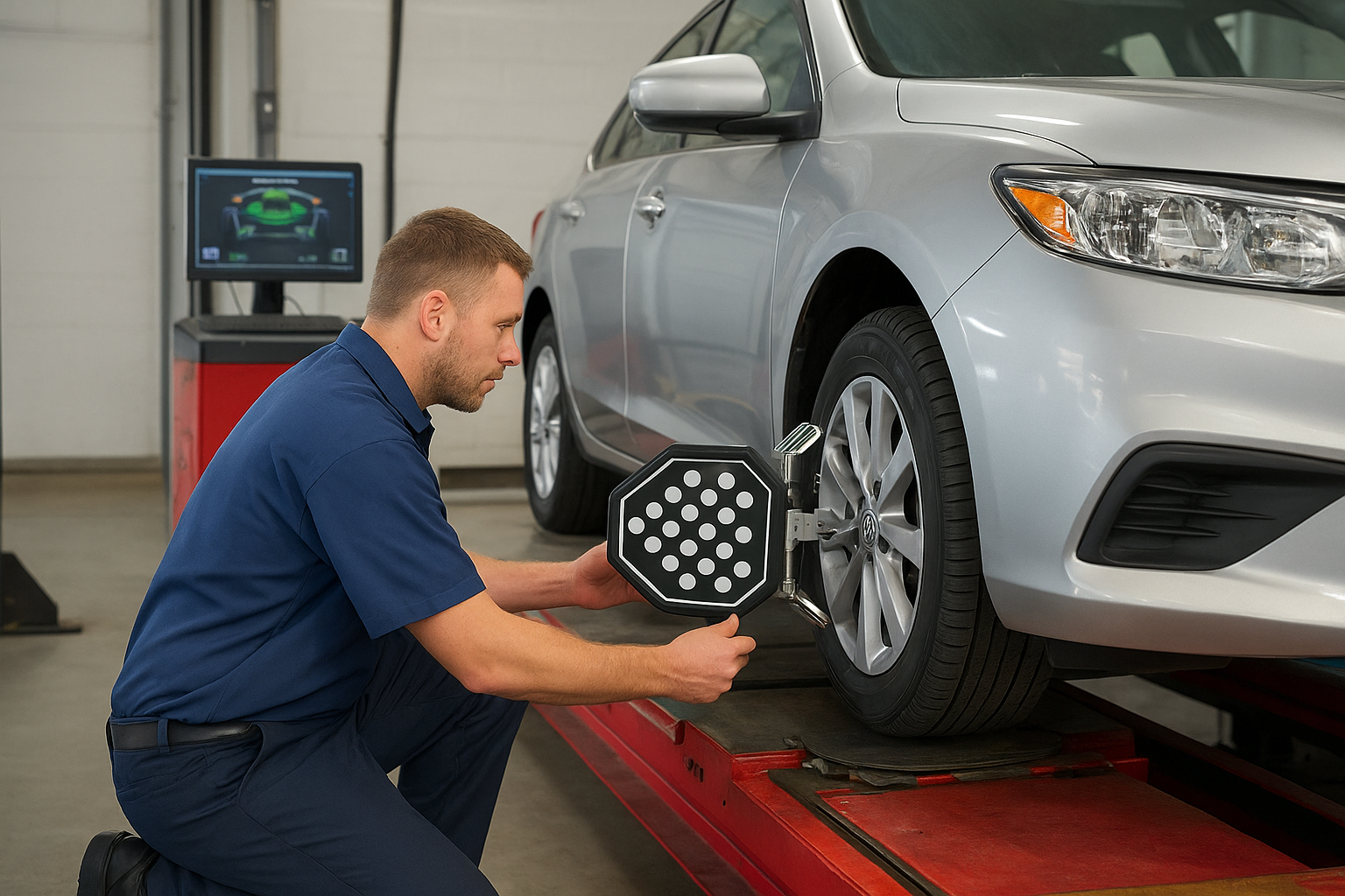 Mechanic performing a wheel alignment on a silver sedan in an auto repair shop, adjusting an alignment sensor on the front tire with a digital measurement screen in the background, illustrating how long an alignment takes.