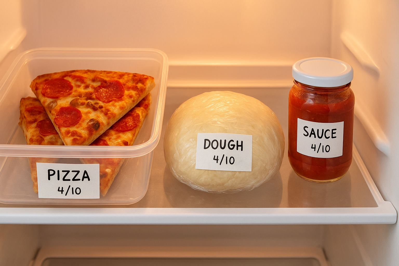 Refrigerator shelf showing how long pizza is good for in the fridge, with a container of pepperoni pizza slices, wrapped pizza dough, and a jar of sauce, each labeled with the date "4/10".