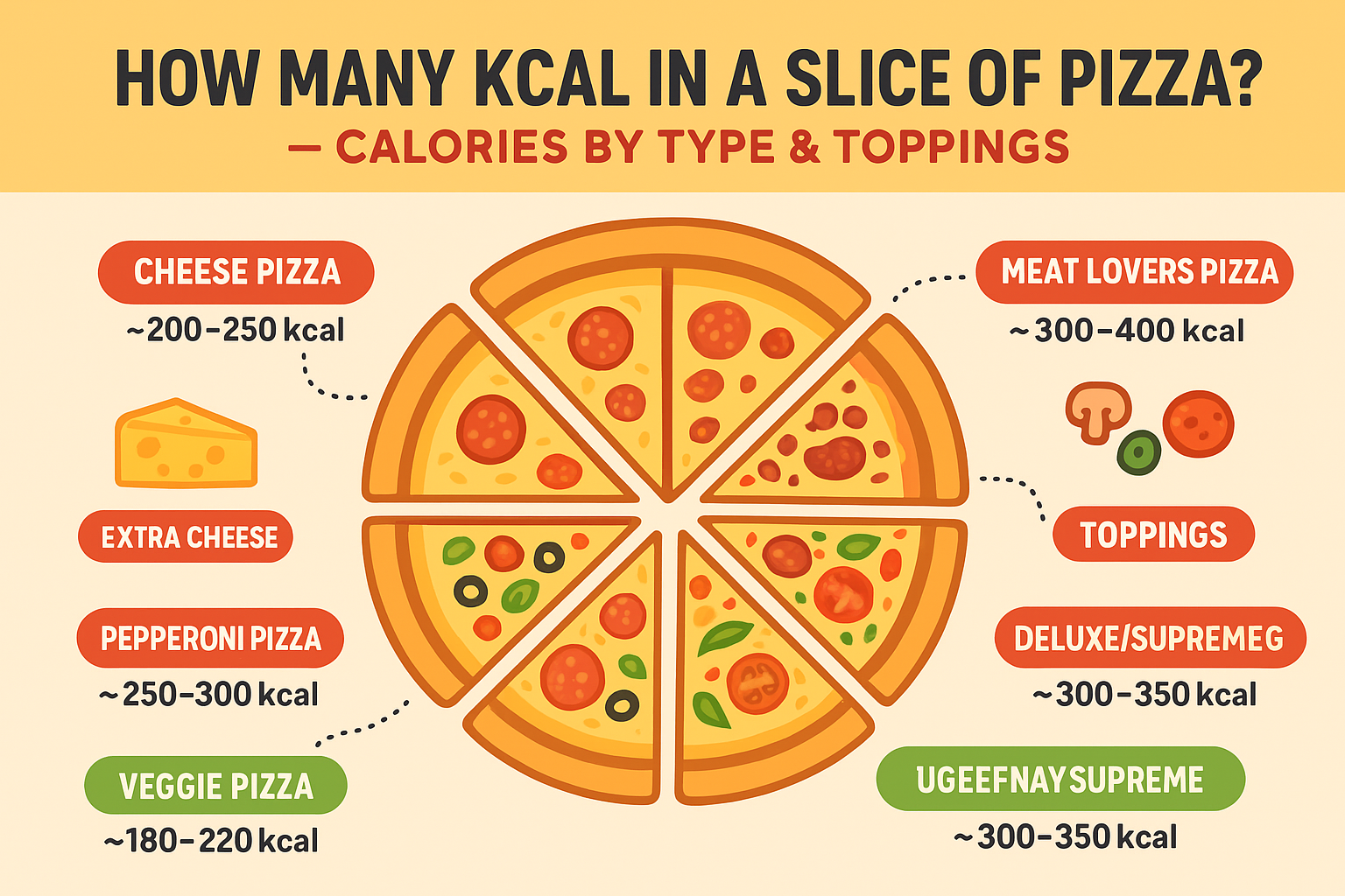 Wide digital infographic showing different types of pizza slices with their calorie counts, illustrating toppings and crust variations, focused on the keyword How Many Kcal in a Slice of Pizza.
