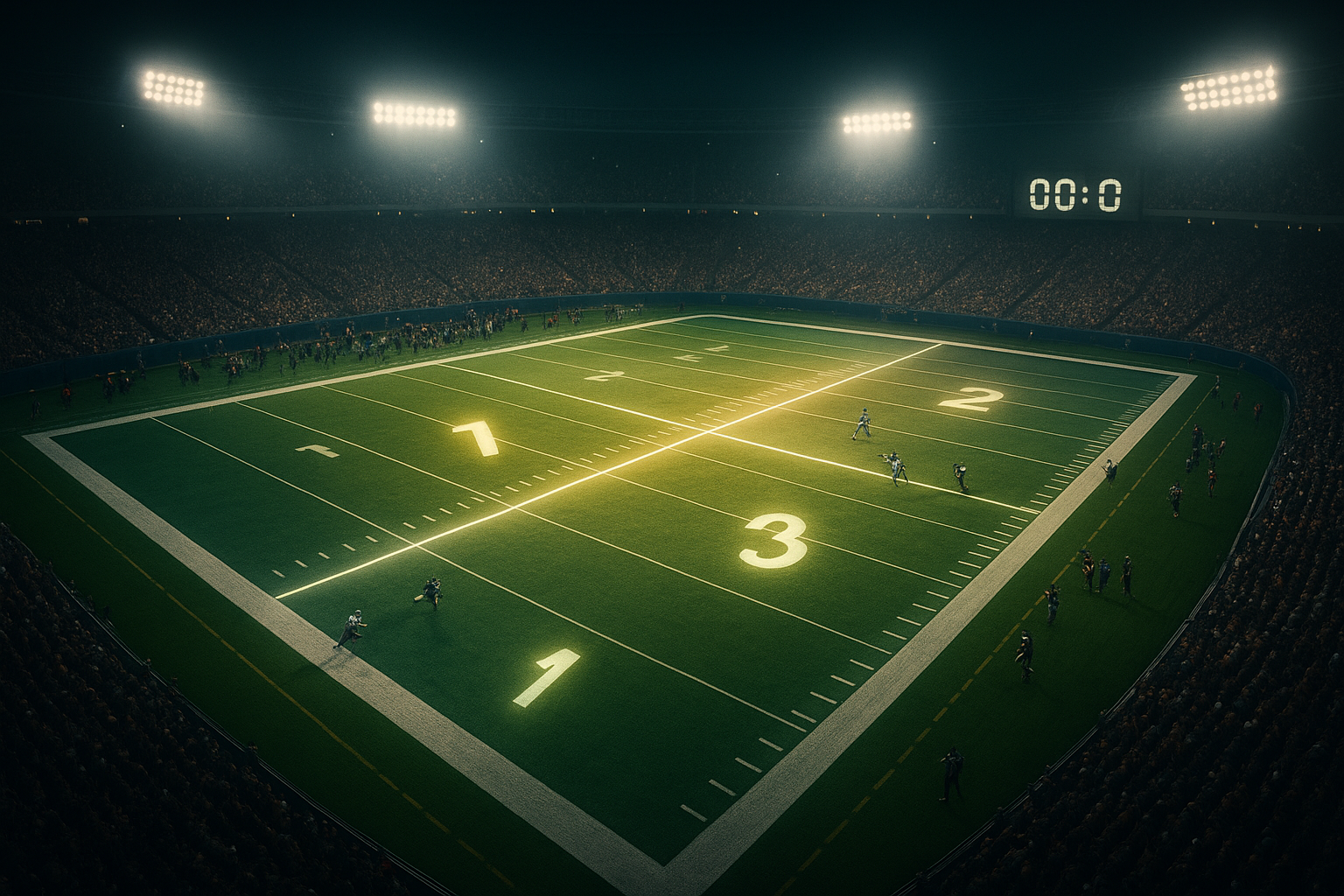 A brightly lit football stadium at night with the field divided into four glowing sections, visually representing how many quarters in football make up a game.