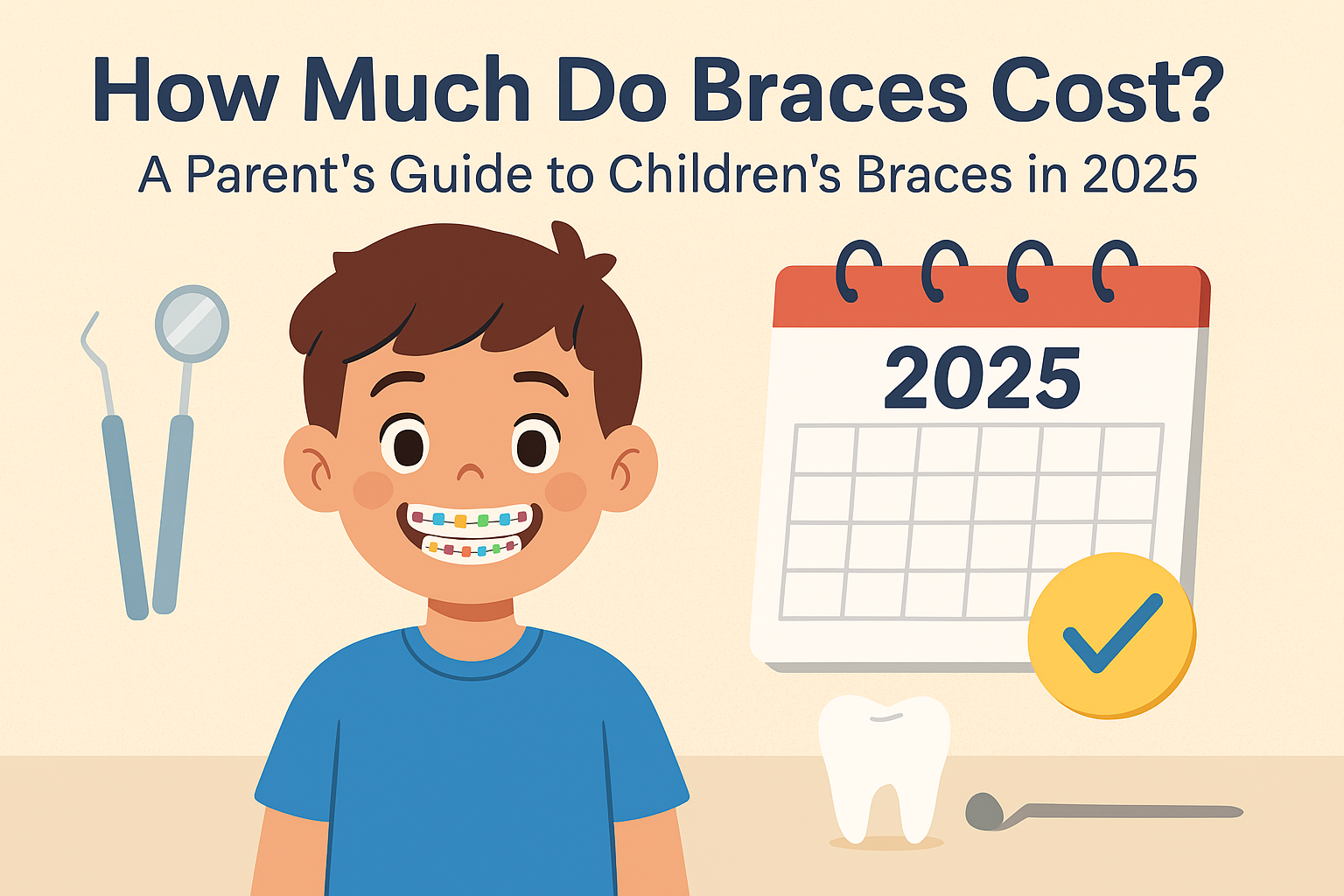 A digital illustration of a child at an orthodontist appointment, showing colorful braces options and a parent reviewing costs, representing the topic How Much Do Braces Cost in 2025.
