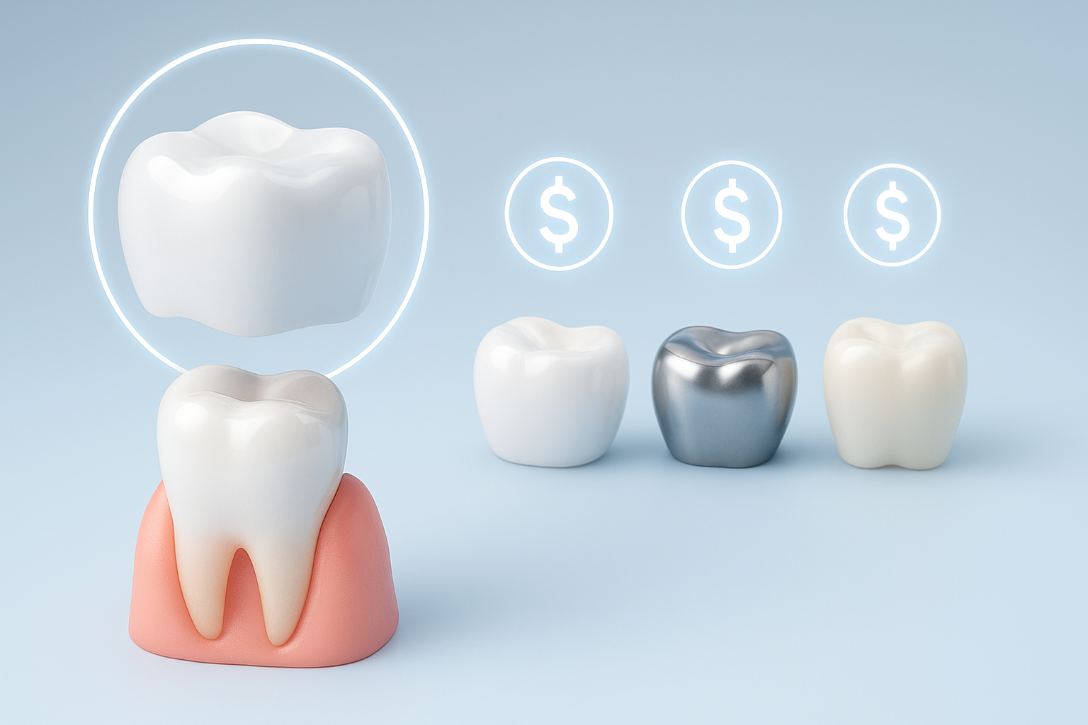 Close-up 3D illustration of dental crowns placed on teeth, representing treatment options and price considerations, visually answering the question: How Much Does a Crown Cost.