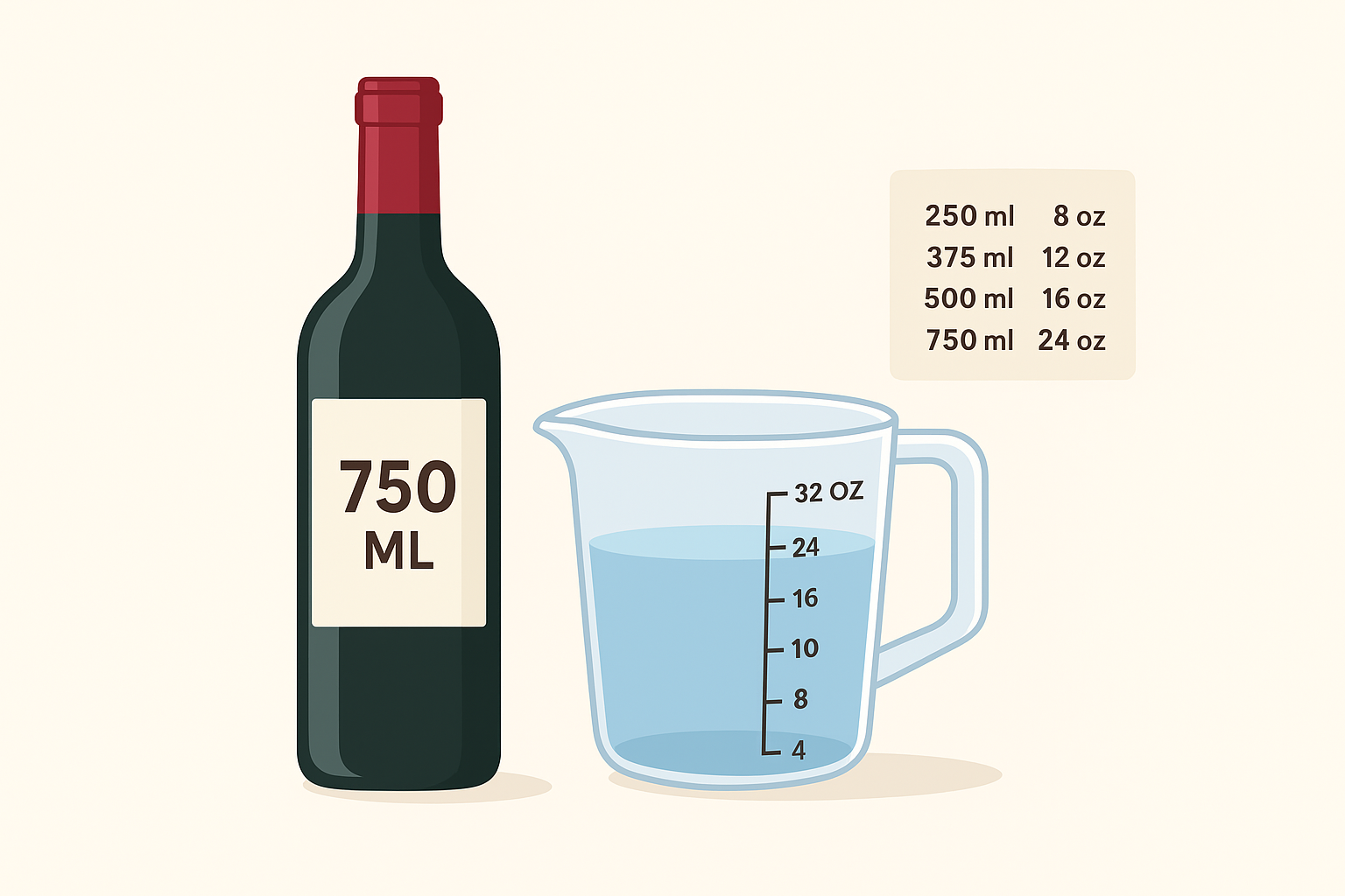 A digital illustration showing a 750 ml bottle next to a measuring cup with ounces marked, representing the conversion of volume in the context of "How many ounces in 750 ml".