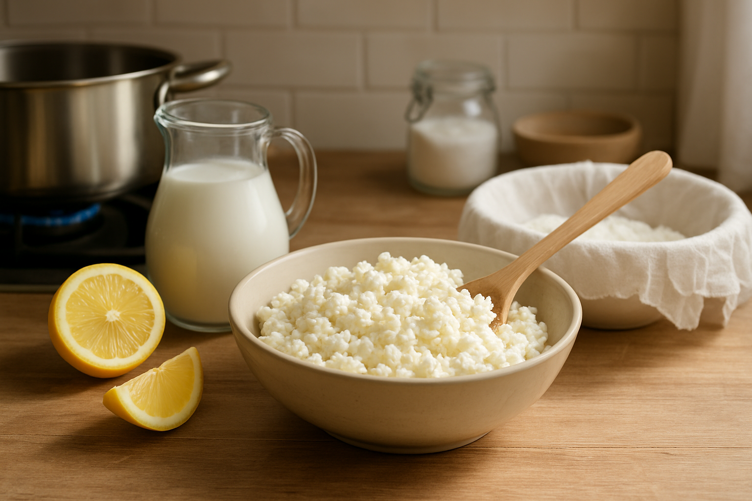 Freshly prepared cottage cheese in a glass bowl with a wooden spoon beside it, showing the process of curdling milk — illustrating How to Make Cottage Cheese at Home naturally and simply.