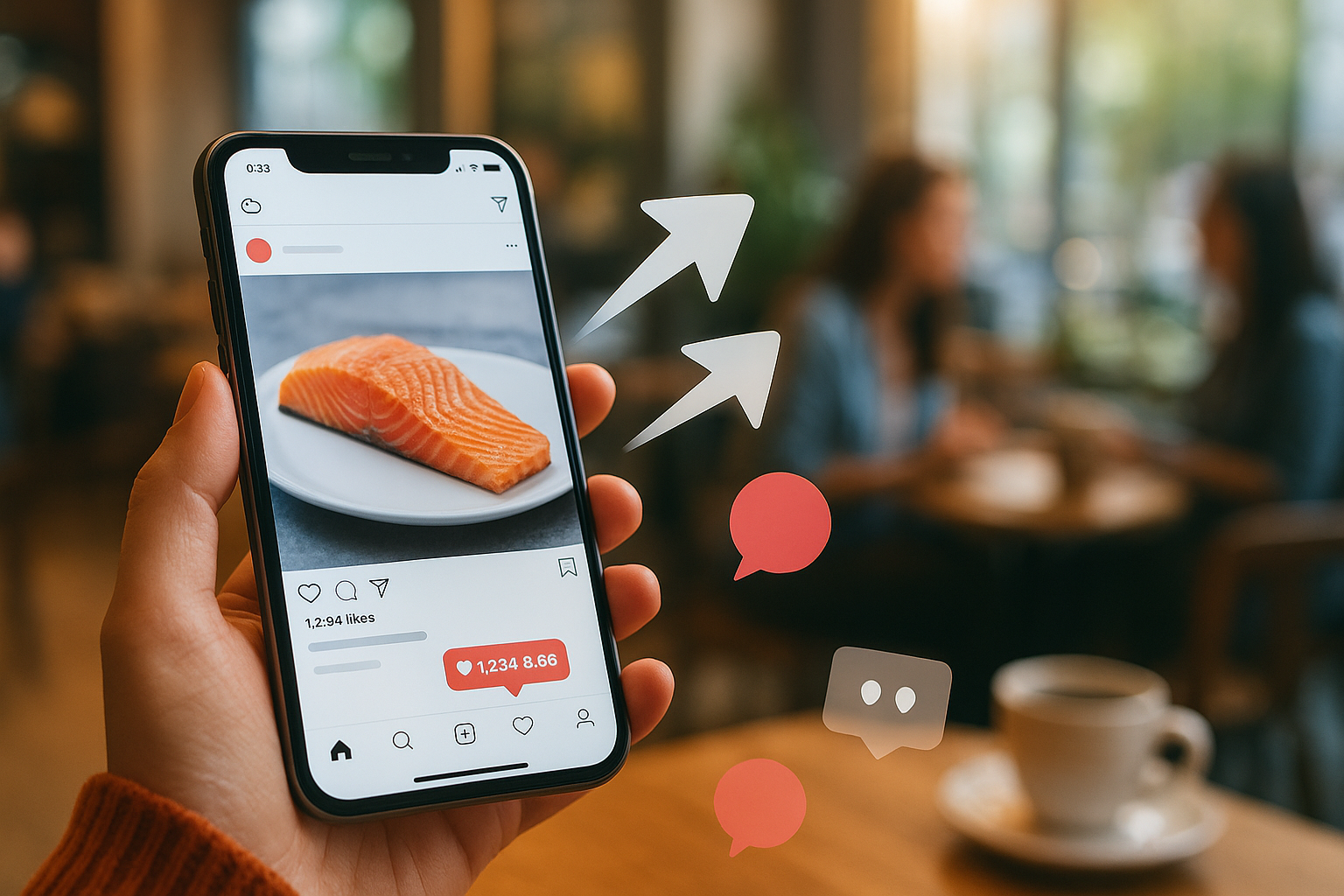 holding a smartphone with an Instagram post on screen, surrounded by floating share and comment icons, illustrating how to see who shared your Instagram post and use it to boost engagement.