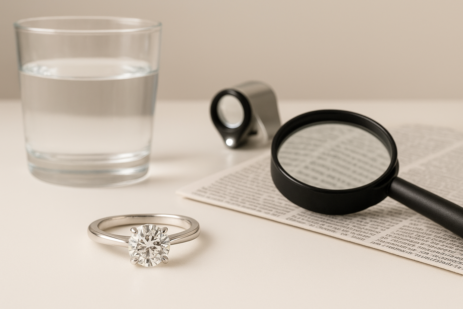 Diamond engagement ring on a white surface with a glass of water, magnifying glass over newspaper text, and a jeweler’s loupe in the background, illustrating how to tell if a diamond is real.