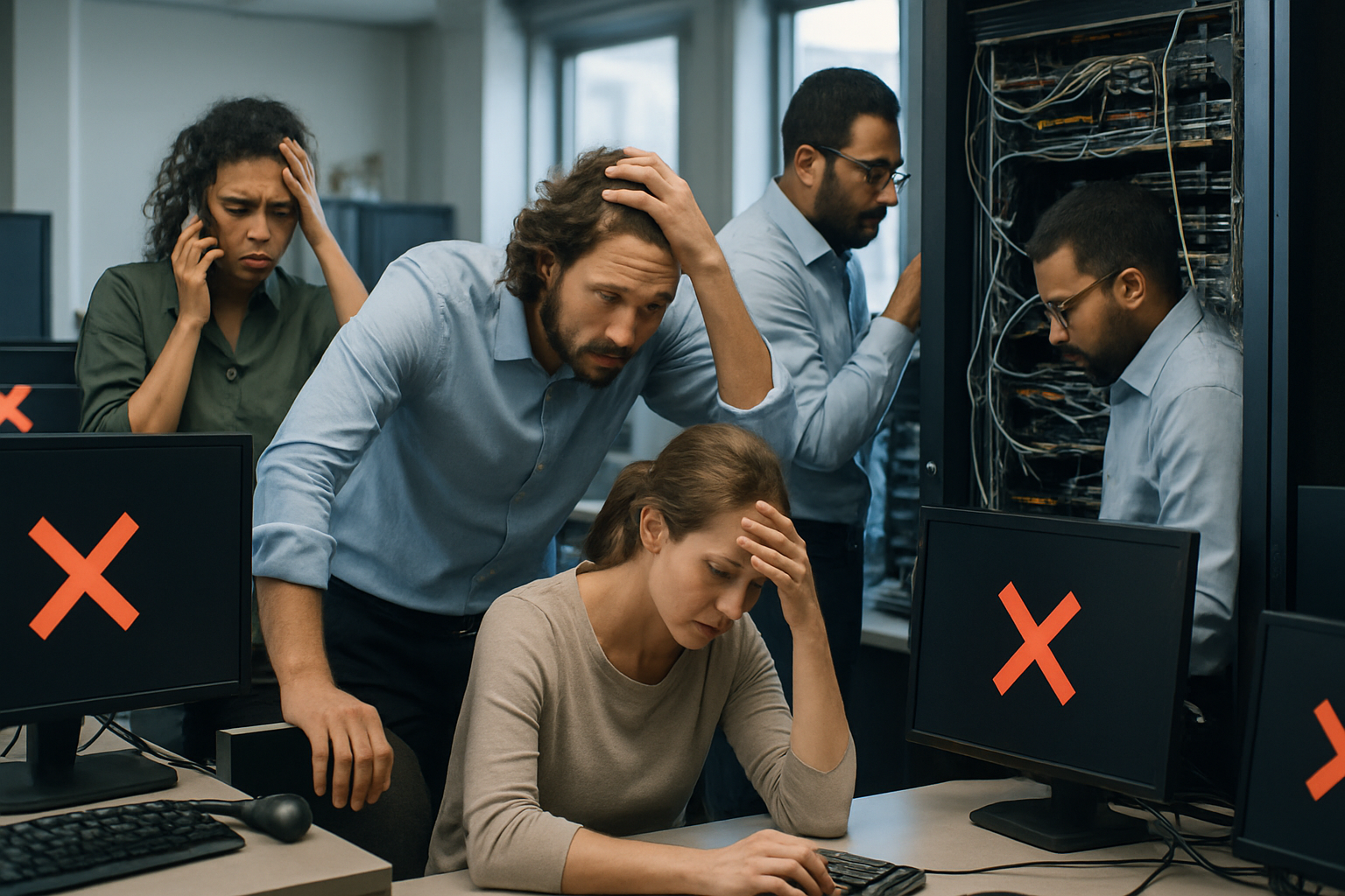Stressed IT professionals working to restore systems in a server room during downtime, illustrating IT Crisis Management in action.