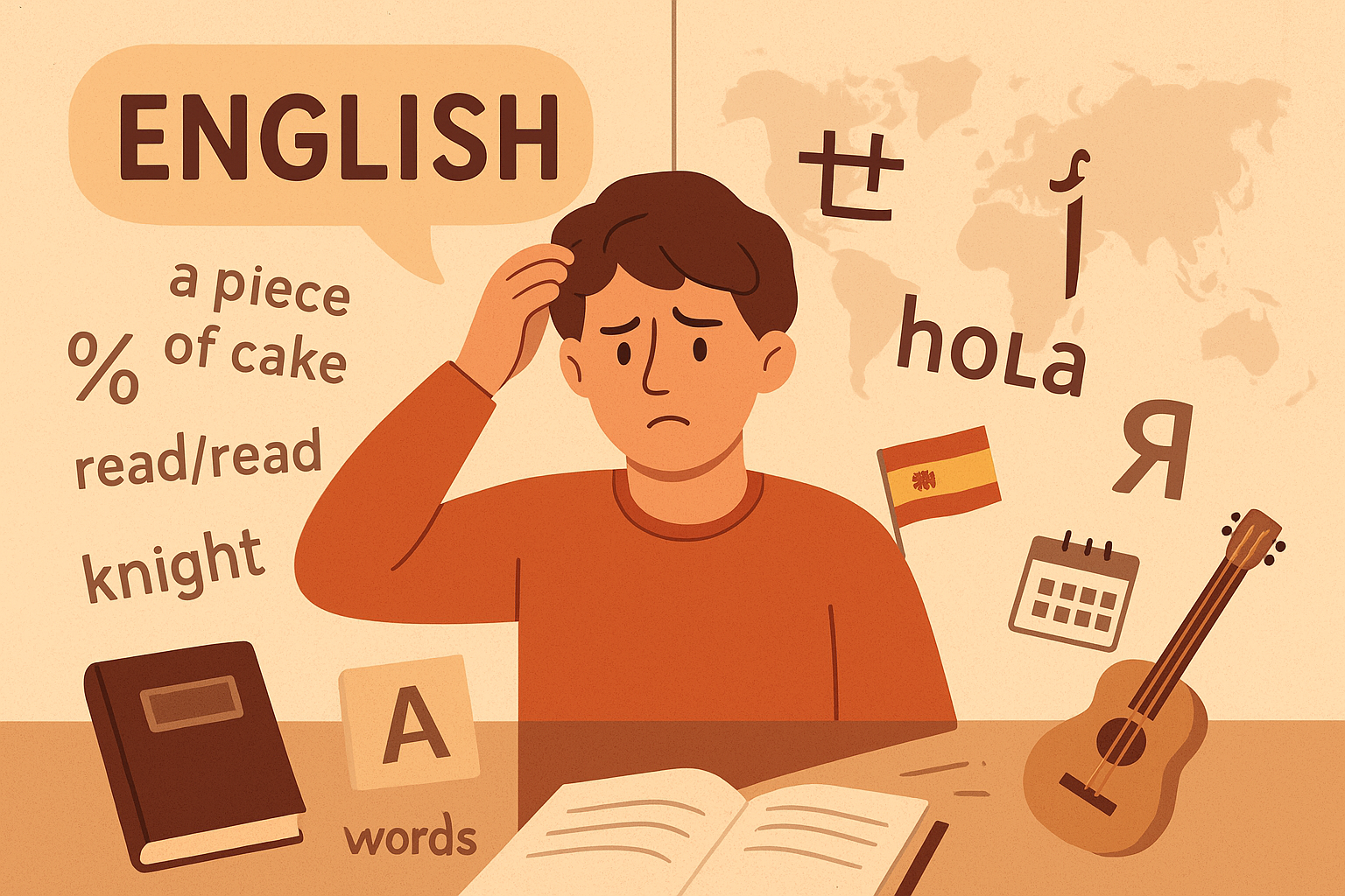 Illustration of students surrounded by books, language symbols, and question marks, visually representing the debate around “Is English the Hardest Language to Learn” with cultural and linguistic challenges highlighted.