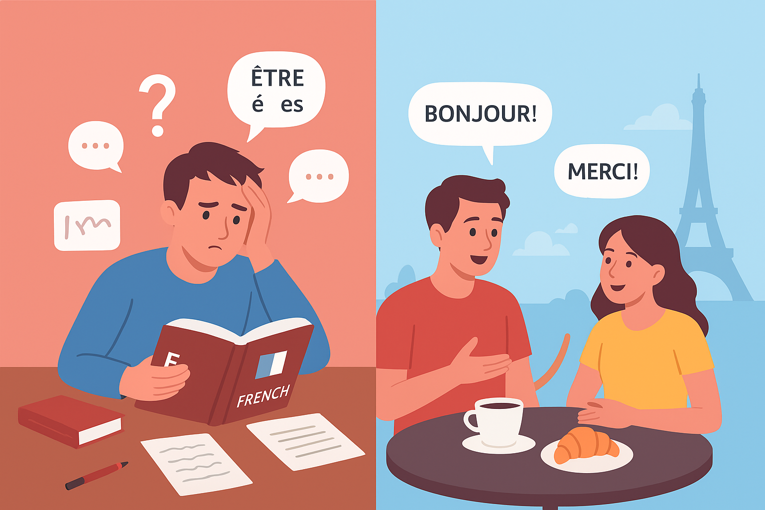 A flat-style infographic showing different aspects of language learning difficulty, with visuals of vocabulary, grammar, and pronunciation challenges, designed to illustrate the question “Is French a Hard Language to Learn?” for beginners.