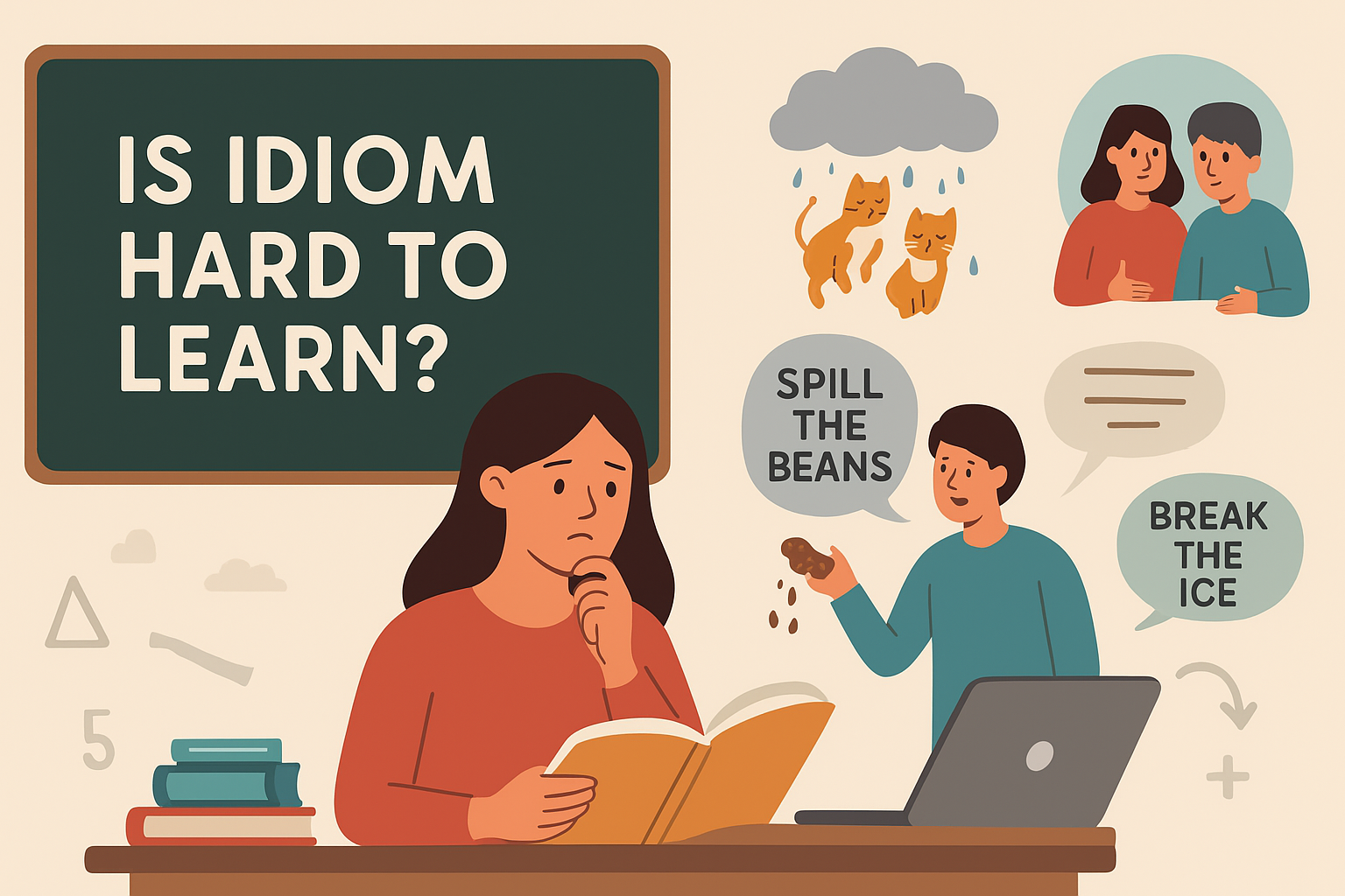 Illustration of a student surrounded by books and speech bubbles with phrases, symbolizing the challenge of understanding expressions, visually answering the question Is Idiom Hard to Learn.