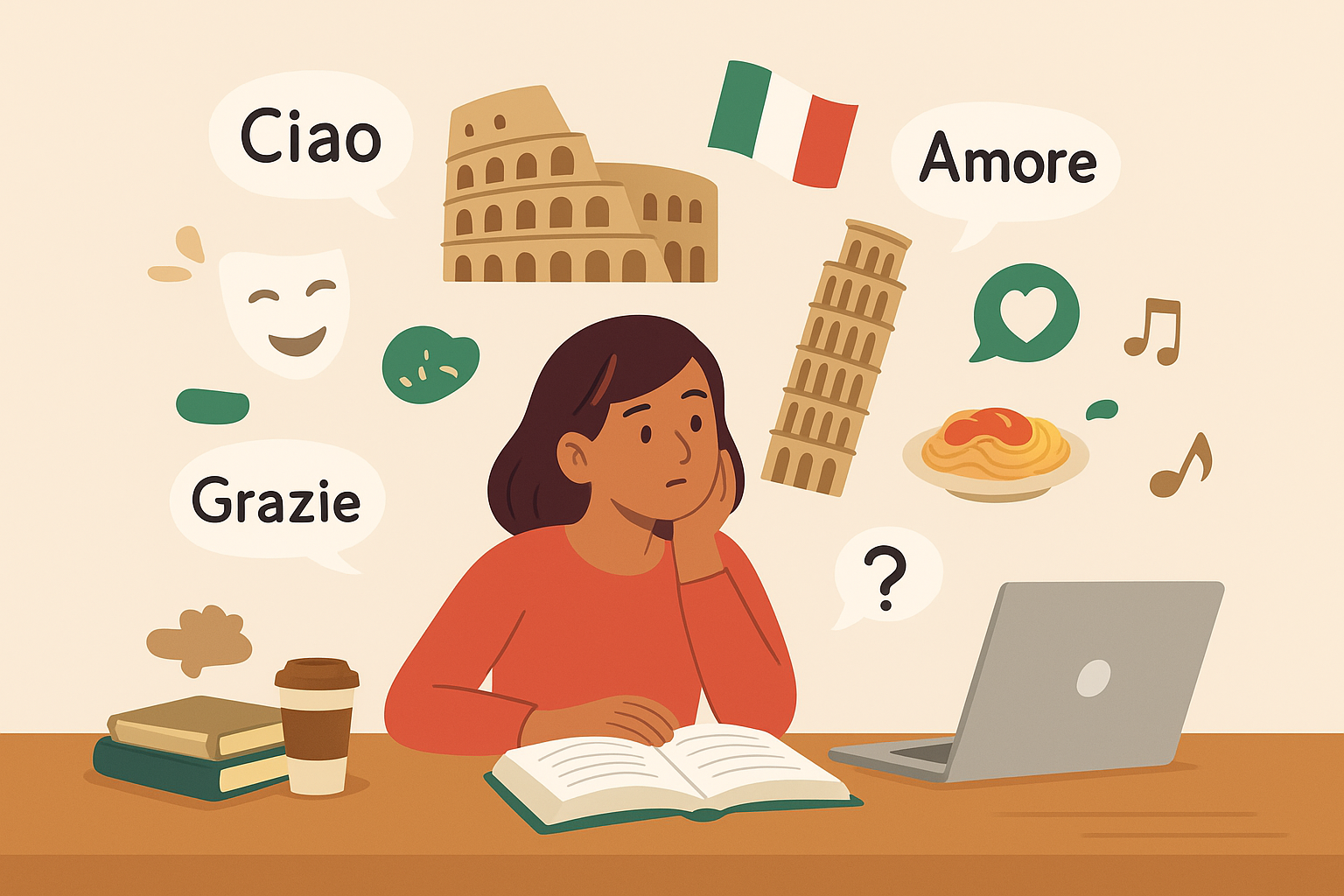Illustration of a beginner studying Italian with books, a laptop, and cultural icons like pizza and the Colosseum in the background, representing the question: Is Italian Hard to Learn for new language learners?