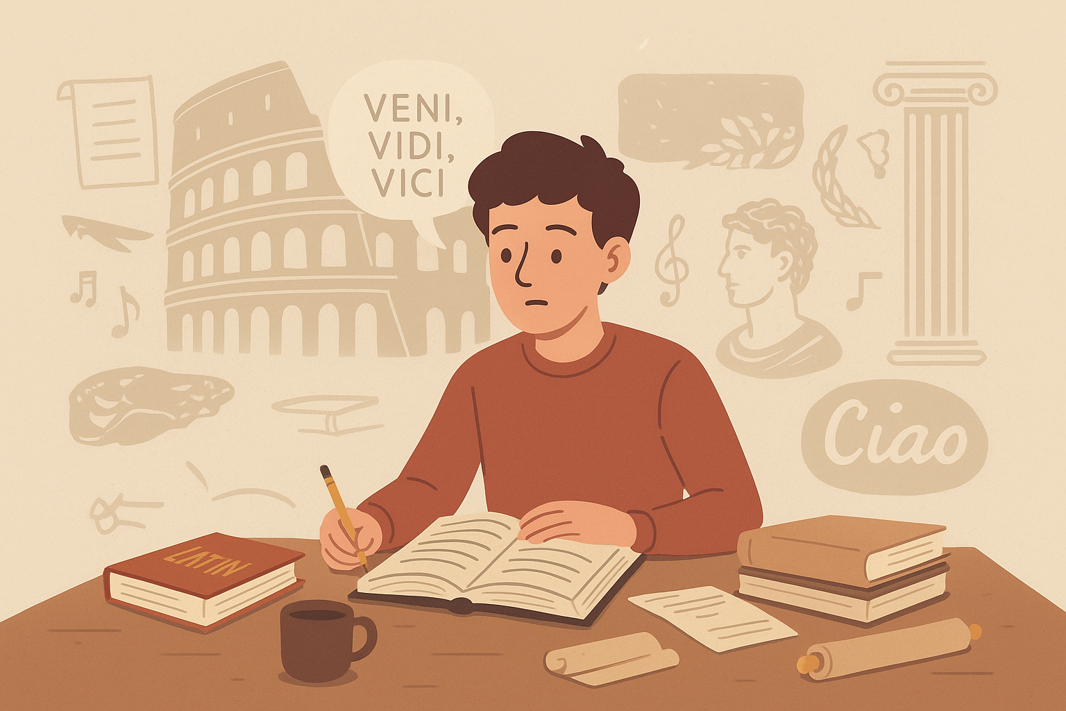 A student studying ancient texts and Roman symbols with scrolls and books, visually representing the question Is Latin Hard to Learn for beginners exploring the language.