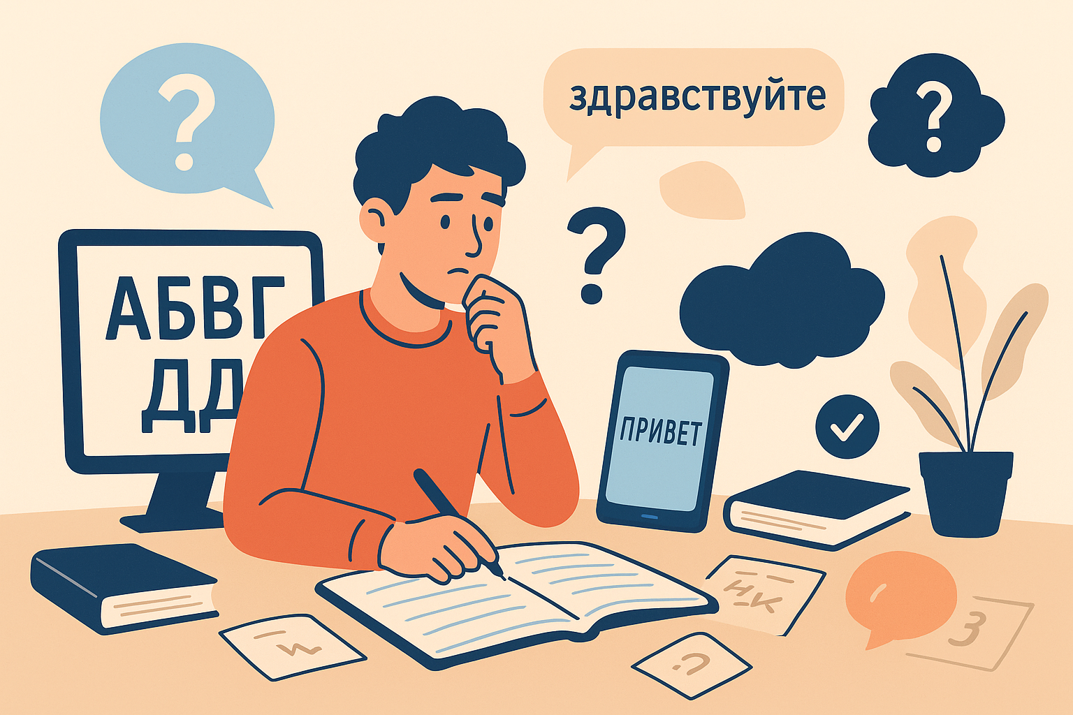 A young student studies Russian language books while practicing the Cyrillic alphabet on a laptop, visually representing the question Is Russian Hard to Learn for new language learners.
