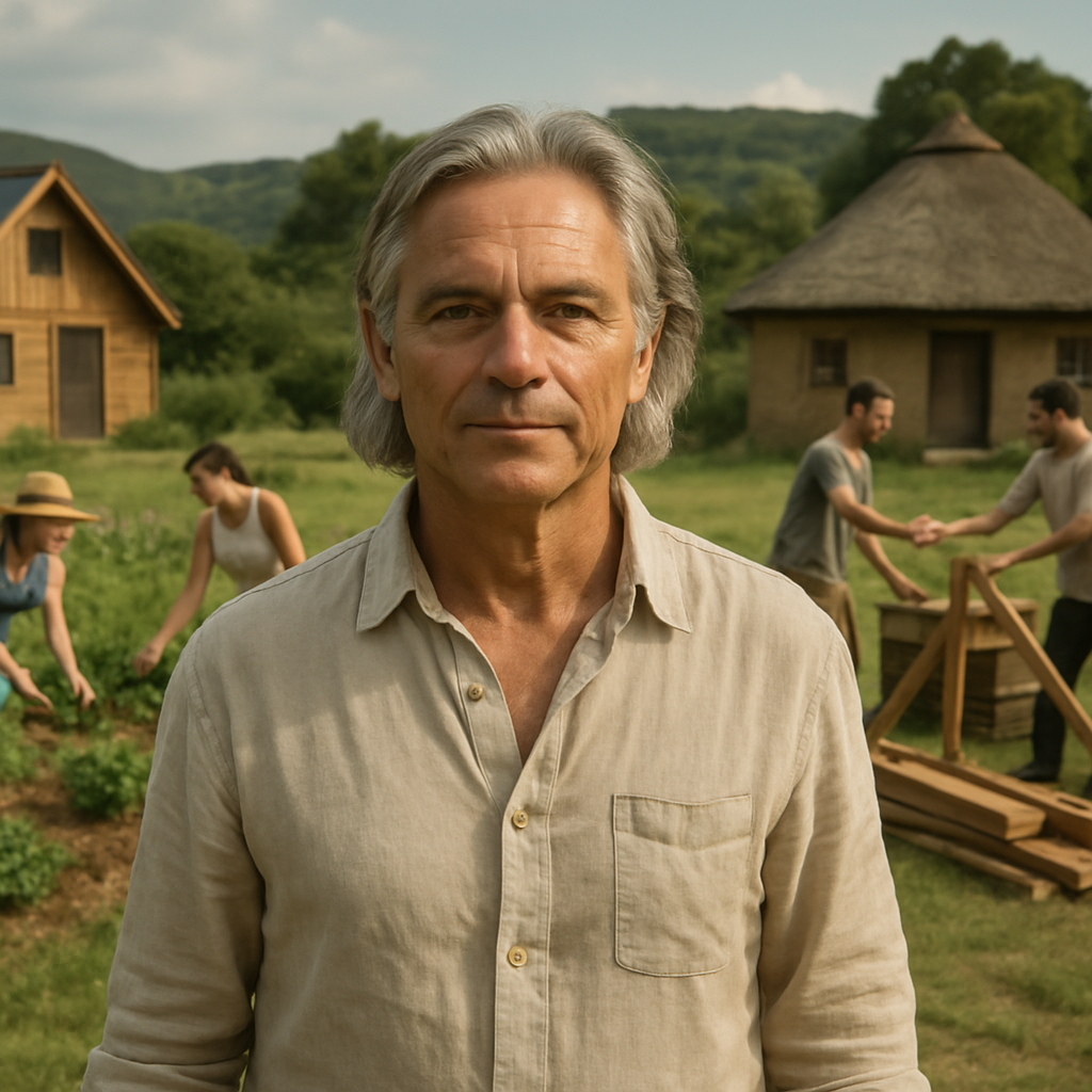 A thoughtful portrait of Michael Tellinger standing in front of a rural eco-village, with people gardening and building in the background, symbolizing the principles of the Contributionism economy model—cooperation, sustainability, and community-driven living.