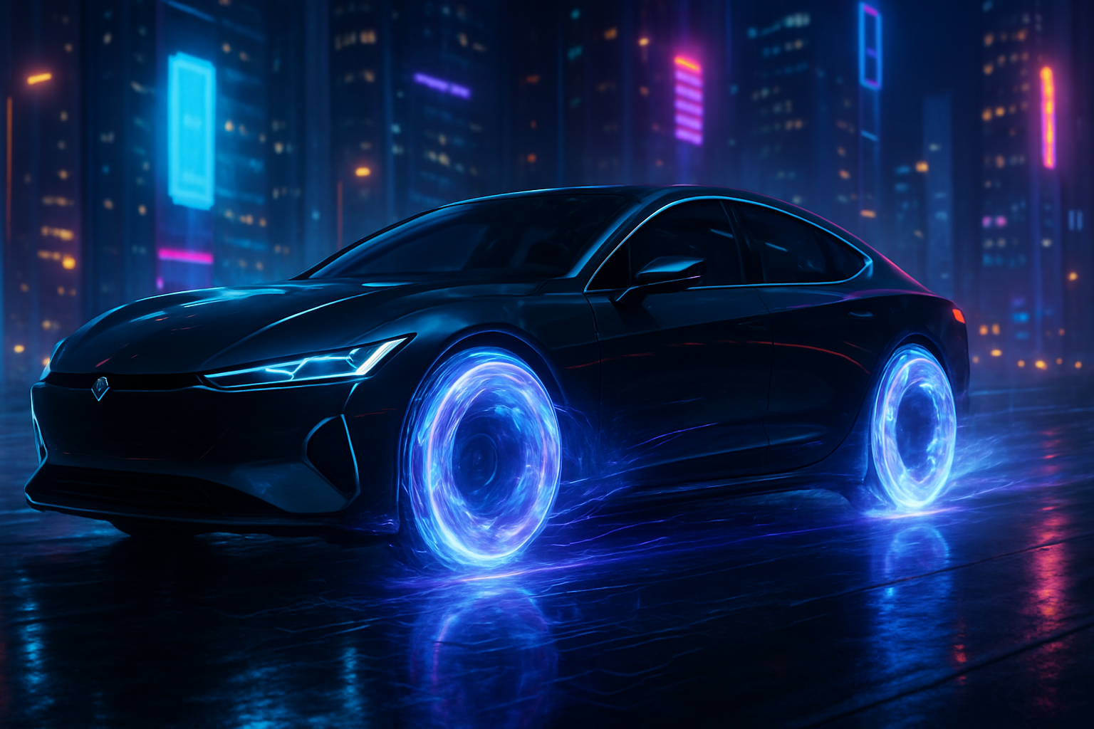 Futuristic electric car with glowing quantum wheels in motion on a neon-lit city street at night, showcasing advanced automotive technology — focus keyword: Quantum Wheels.
