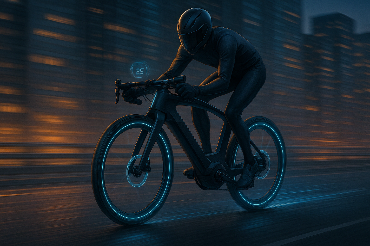 Futuristic e-bike speeding through a city highway at dusk, featuring a sleek black frame with neon blue highlights, aerodynamic rider posture, and glowing wheels — focus keyword: Fastest E-Bike in 2025.