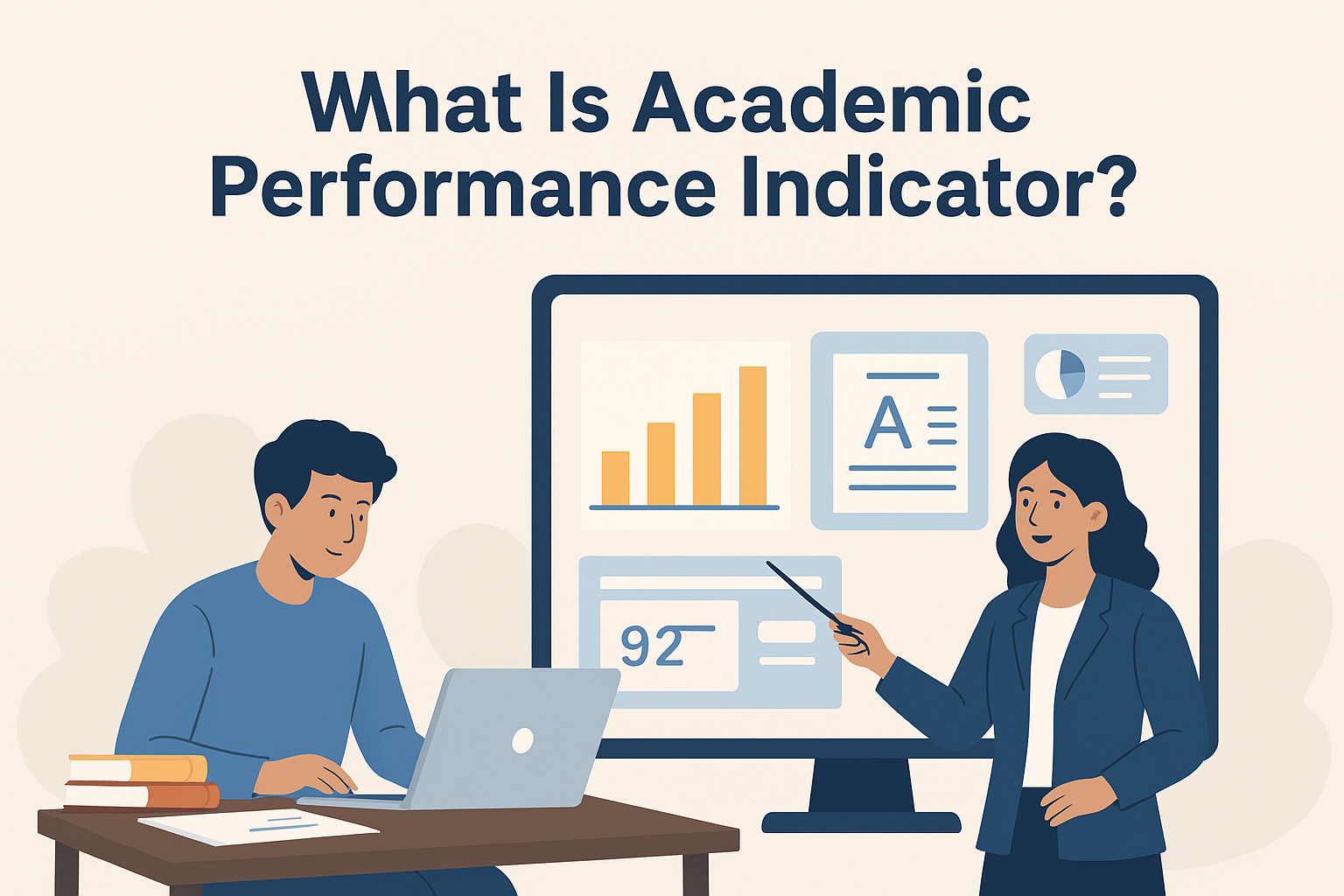 Illustration explaining What Is Academic Performance Indicator, showing students, teachers, and academic charts symbolizing education performance measurement.
