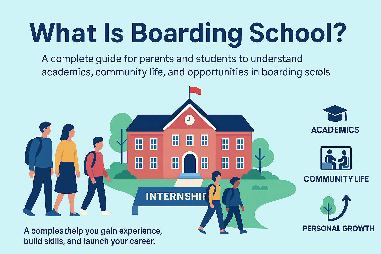 Infographic explaining What Is Boarding School, showing parents and students outside a red brick school building with icons for academics, community life, and personal growth, highlighting a complete guide for parents and students.