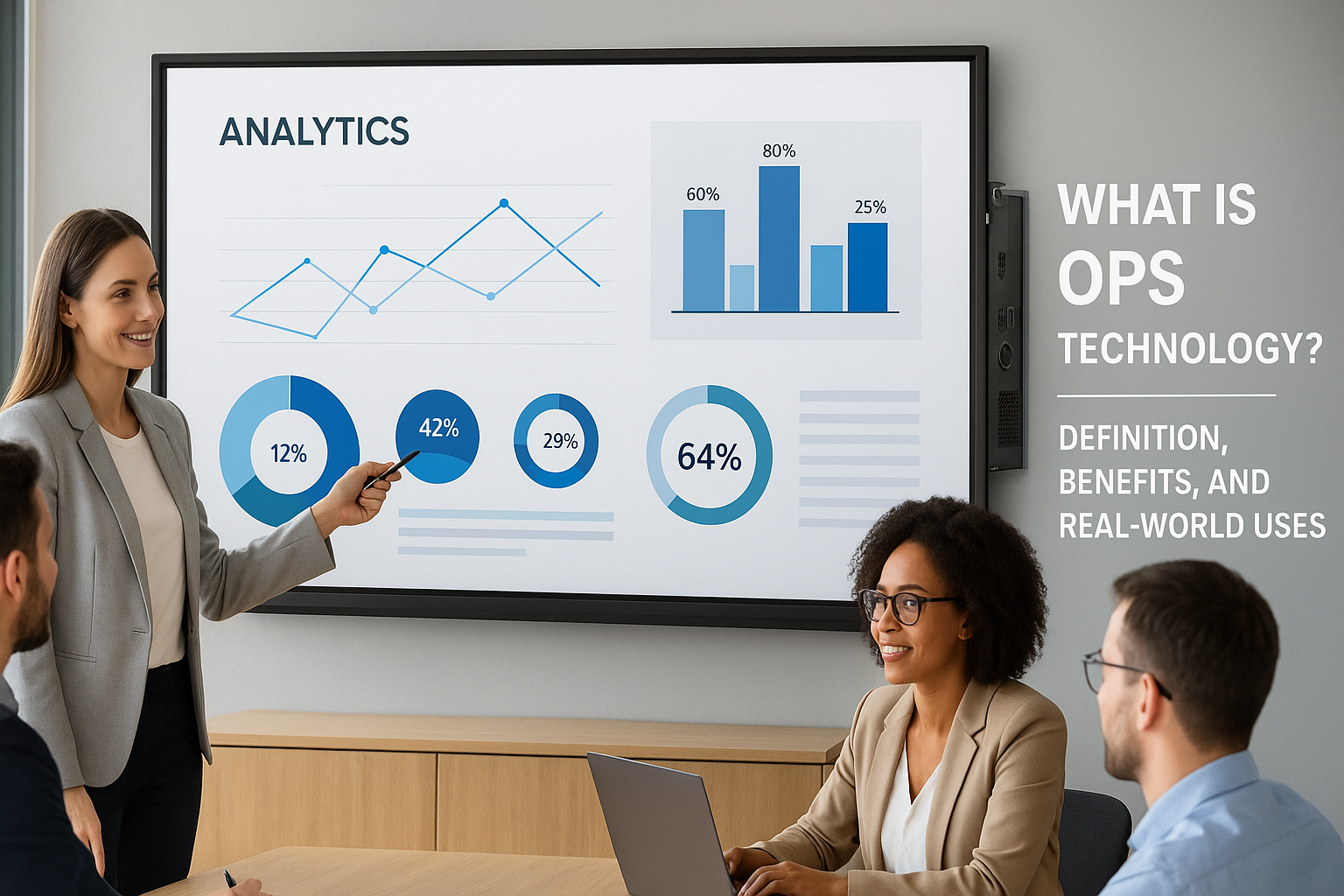 A high-resolution image showing four diverse professionals collaborating in a modern office environment, with multiple digital screens displaying OPS technology workflows, data analytics, and operational dashboards in the background.