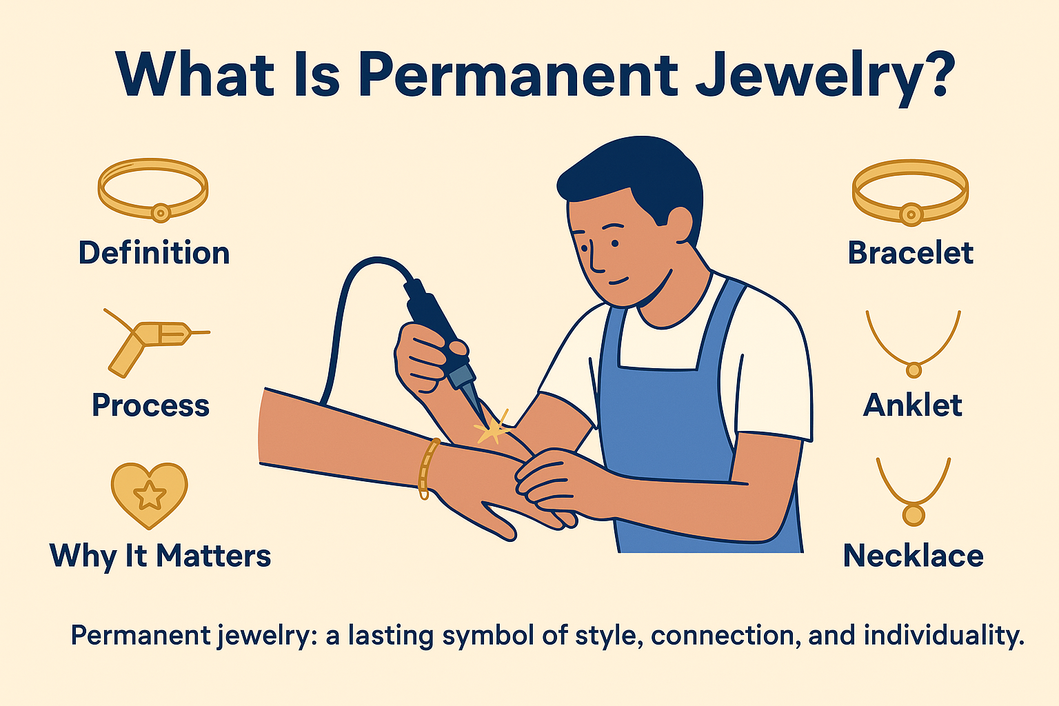 Infographic explaining What Is Permanent Jewelry, showing a jeweler welding a gold bracelet onto a wrist with icons for definition, process, and why it matters, along with bracelet, anklet, and necklace illustrations.