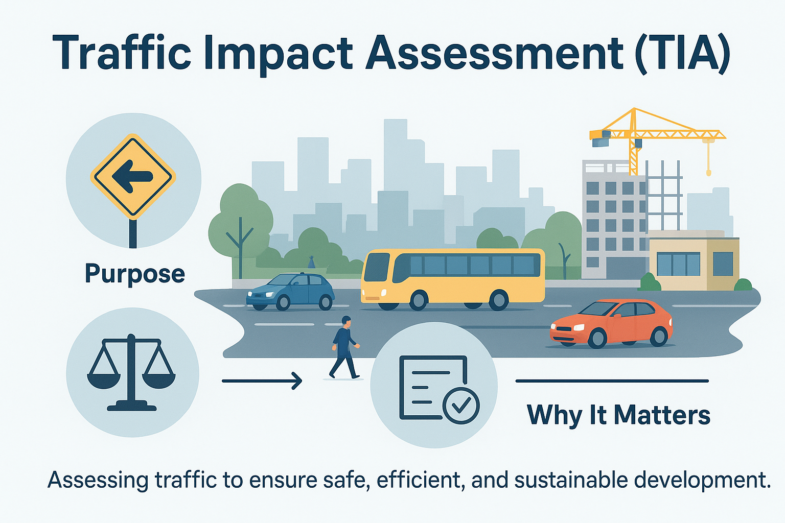Infographic explaining What Is Traffic Impact Assessment, showing a city road with cars, buses, pedestrians, and construction, highlighting the purpose, process, and why it matters for safe and sustainable development.