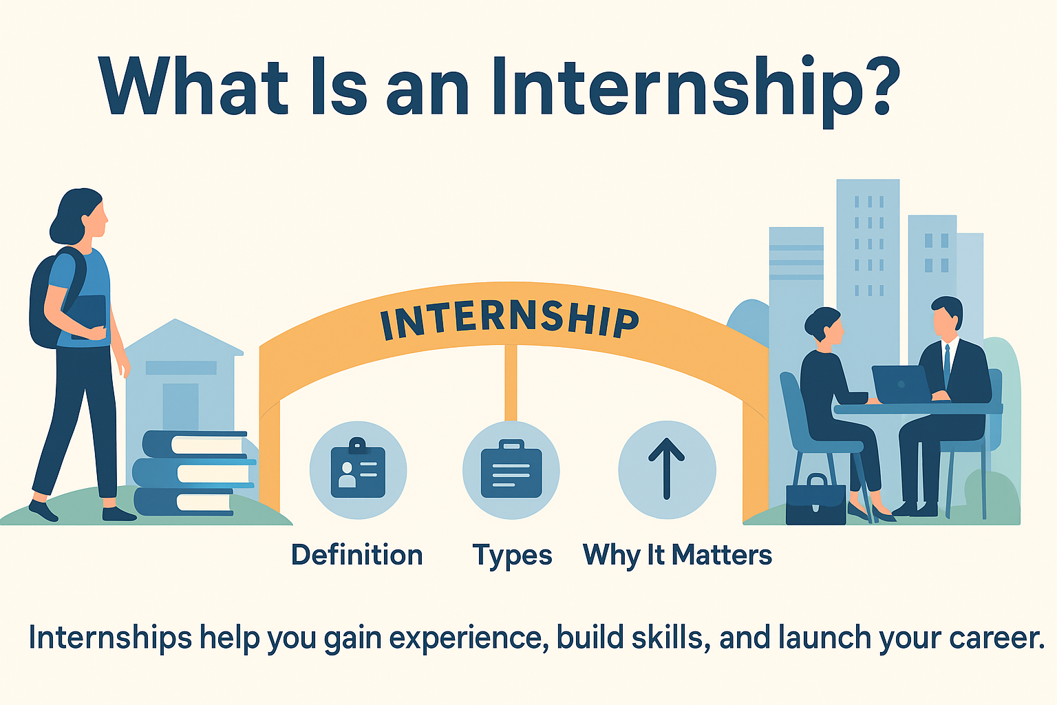 Infographic illustrating What Is an Internship, showing a student crossing a bridge labeled “Internship” from education to career, with icons for definition, types, and why it matters, highlighting how internships build skills and launch careers.