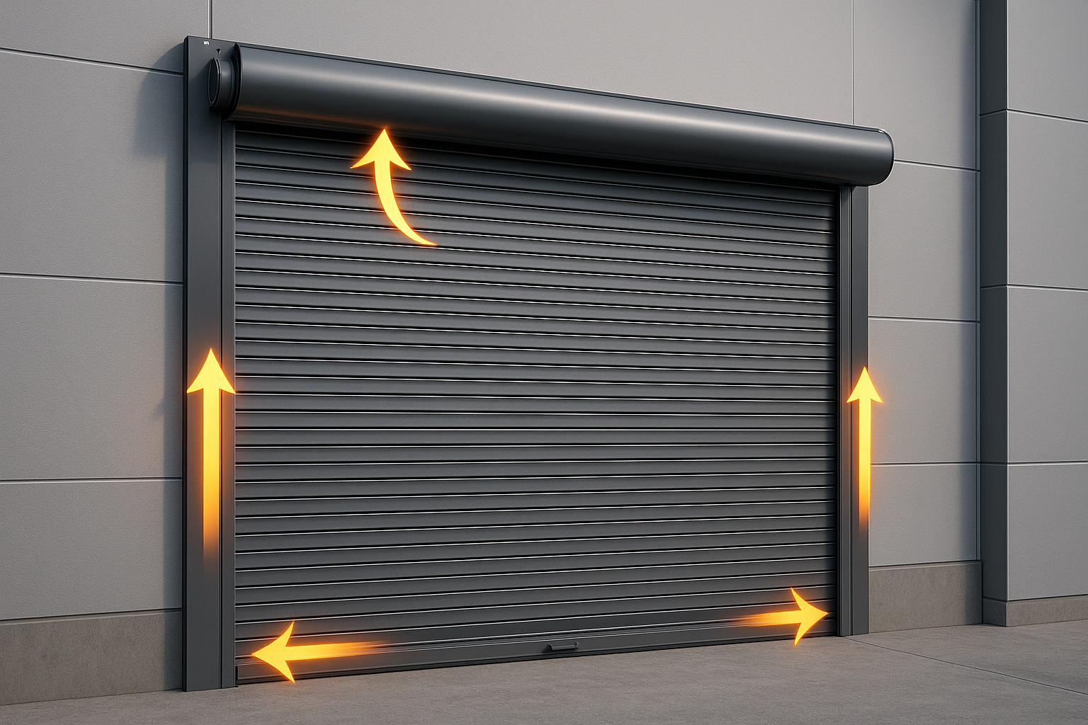 A high-resolution photograph shows a fully installed Indal Technologies roller curtain door on a large industrial building, with the door partially rolled up to reveal its smooth, flexible panels and sturdy frame, highlighting its modern design and robust construction.